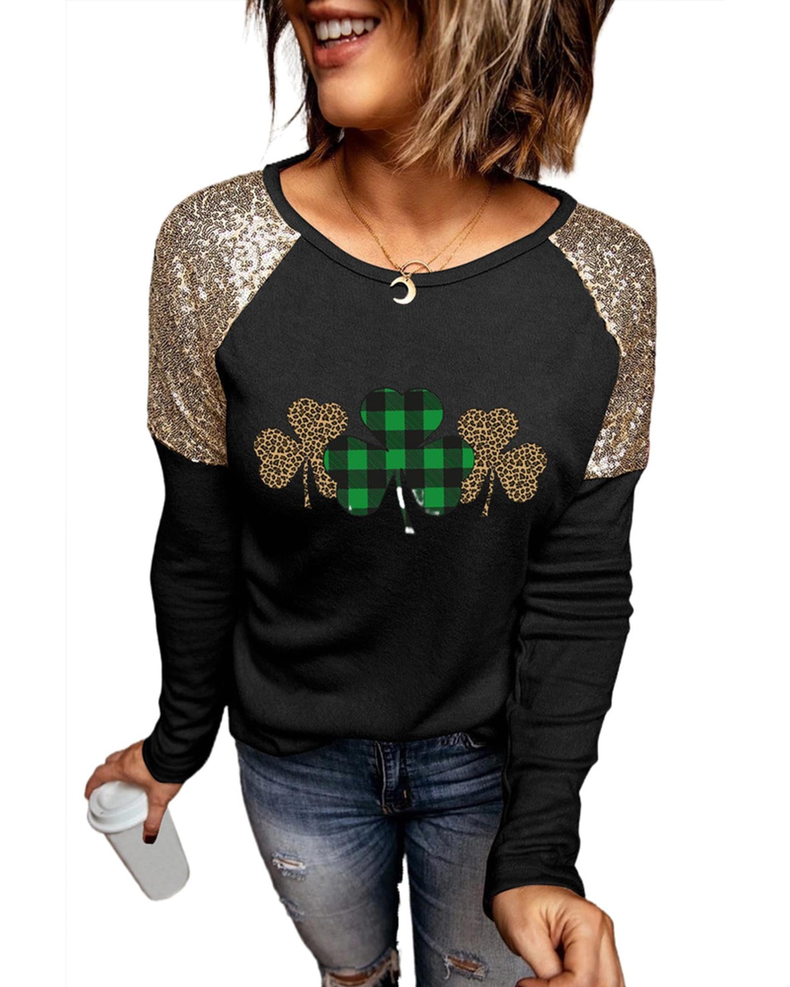 Azura Exchange Sequin Patchwork Plaid Leopard Long Sleeve Top - L