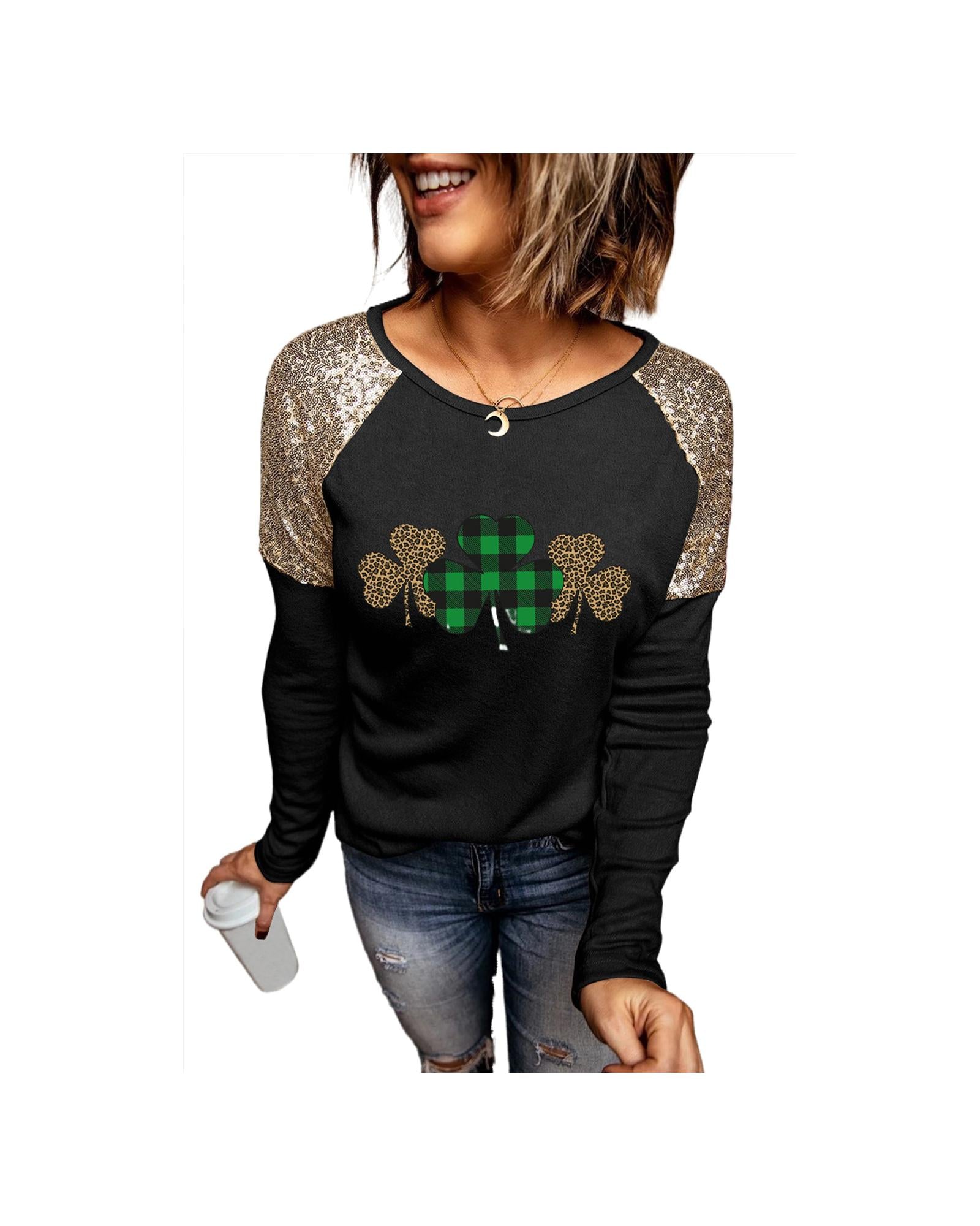 Azura Exchange Sequin Patchwork Plaid Leopard Long Sleeve Top - L