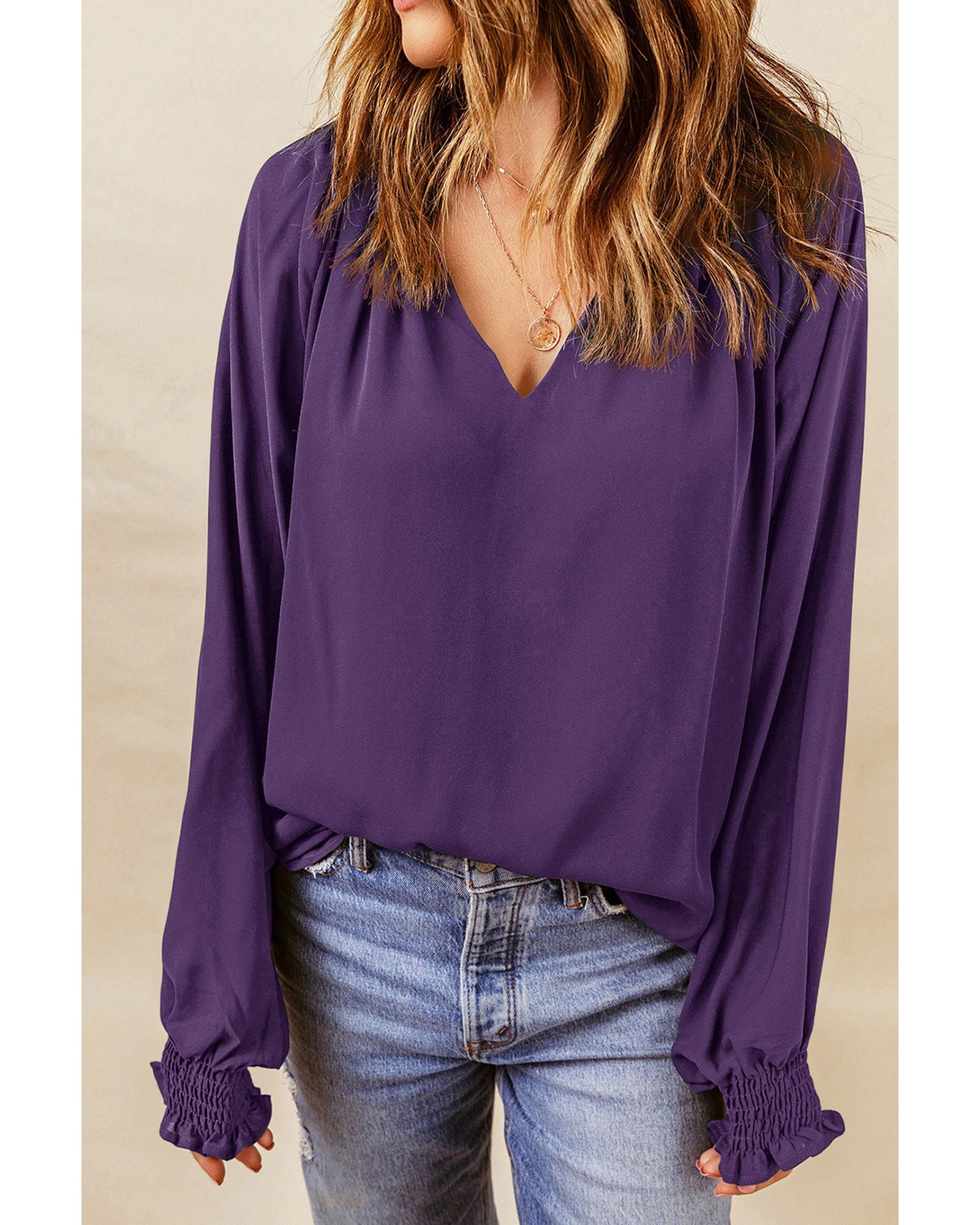Azura Exchange Purple Pleated V Neck Puffy Sleeve Blouse - M
