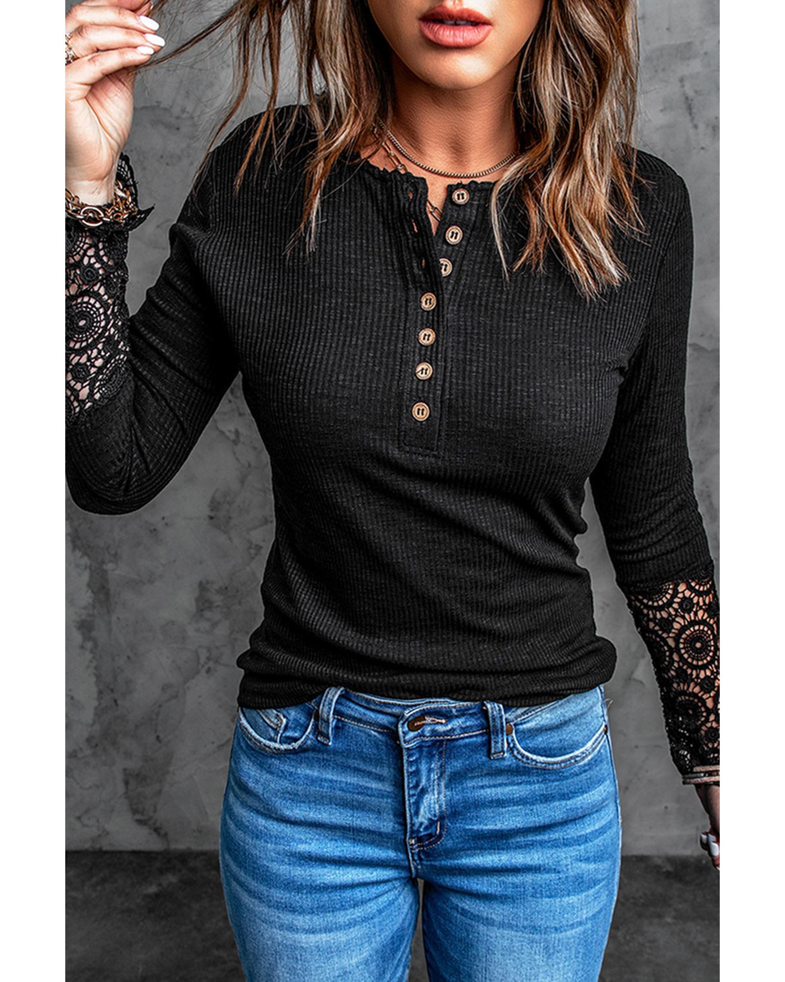Azura Exchange Lace Hem Sleeve Button Top - L