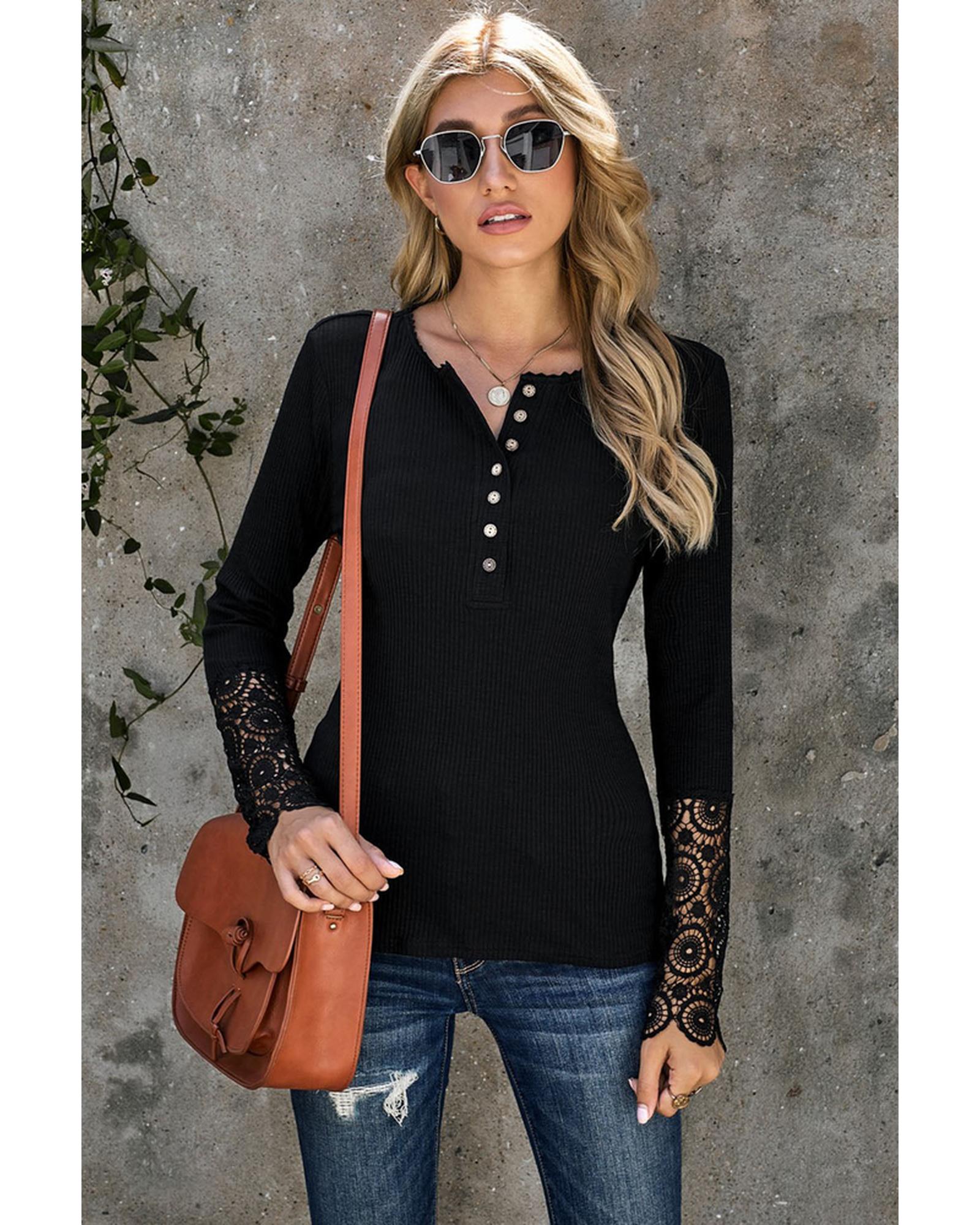 Azura Exchange Lace Hem Sleeve Button Top - L