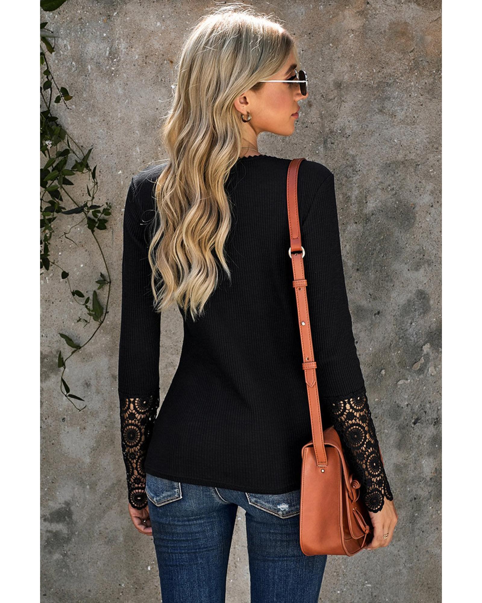 Azura Exchange Lace Hem Sleeve Button Top - L