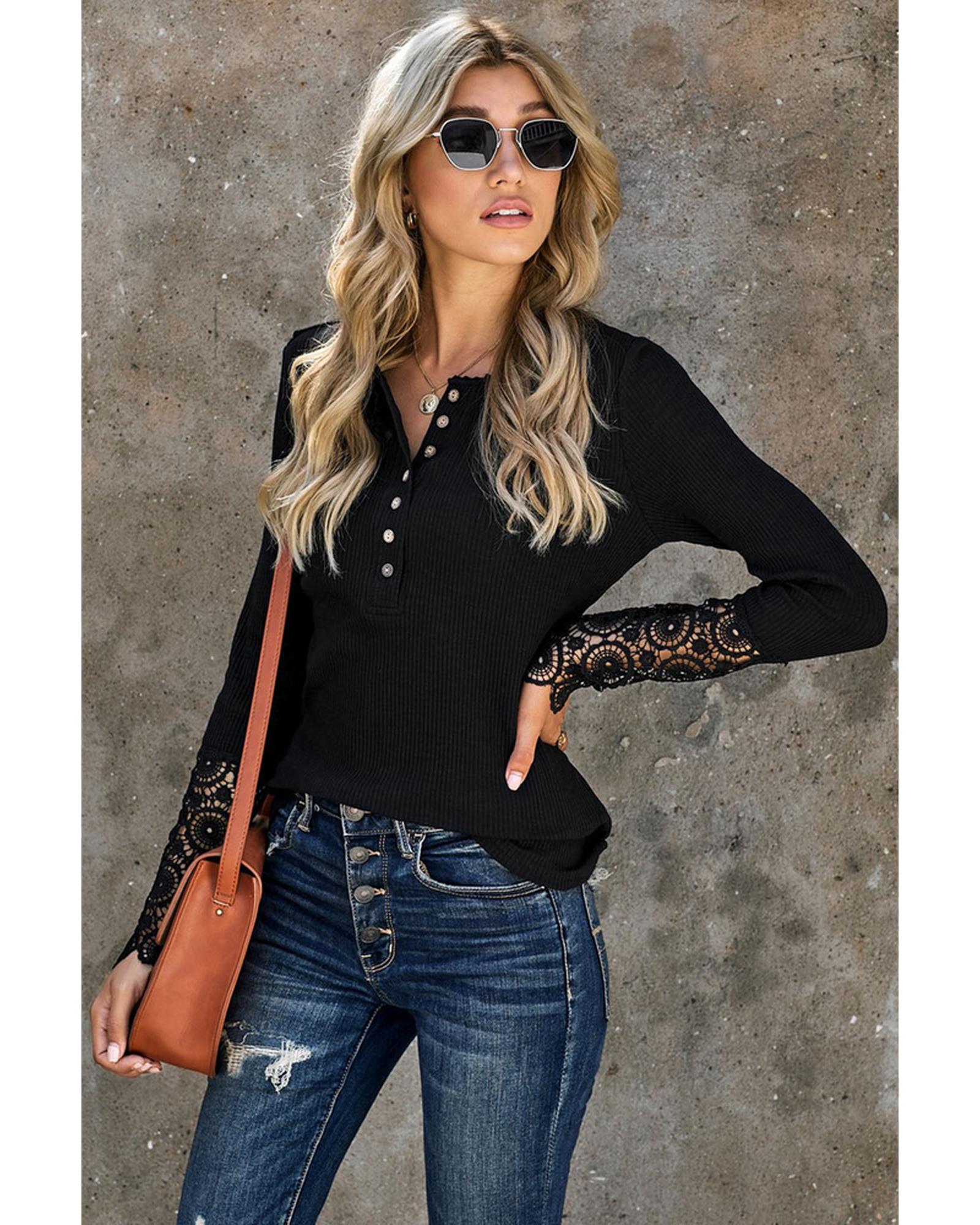 Azura Exchange Lace Hem Sleeve Button Top - L
