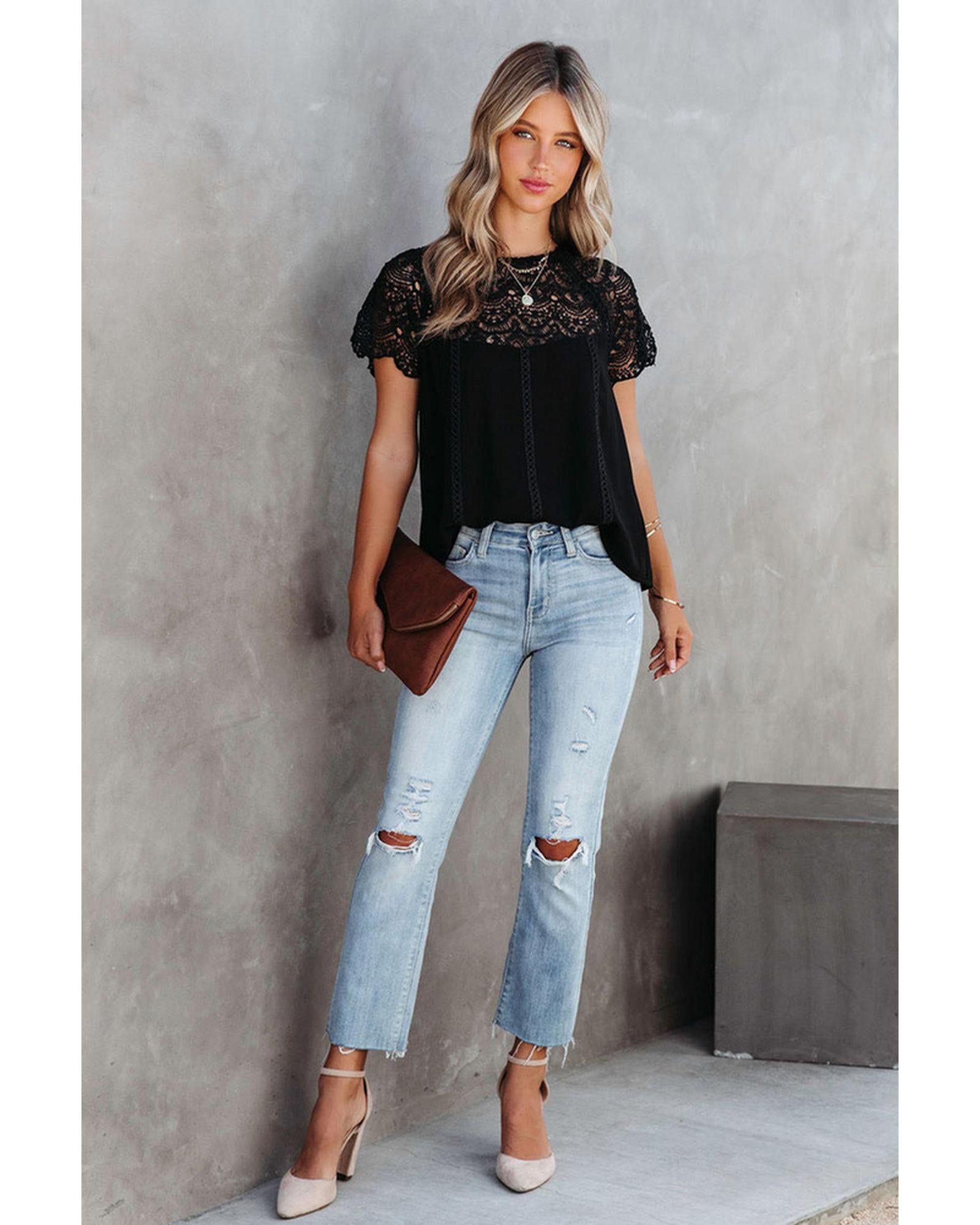Azura Exchange Lace Crochet Patchwork Blouse - L