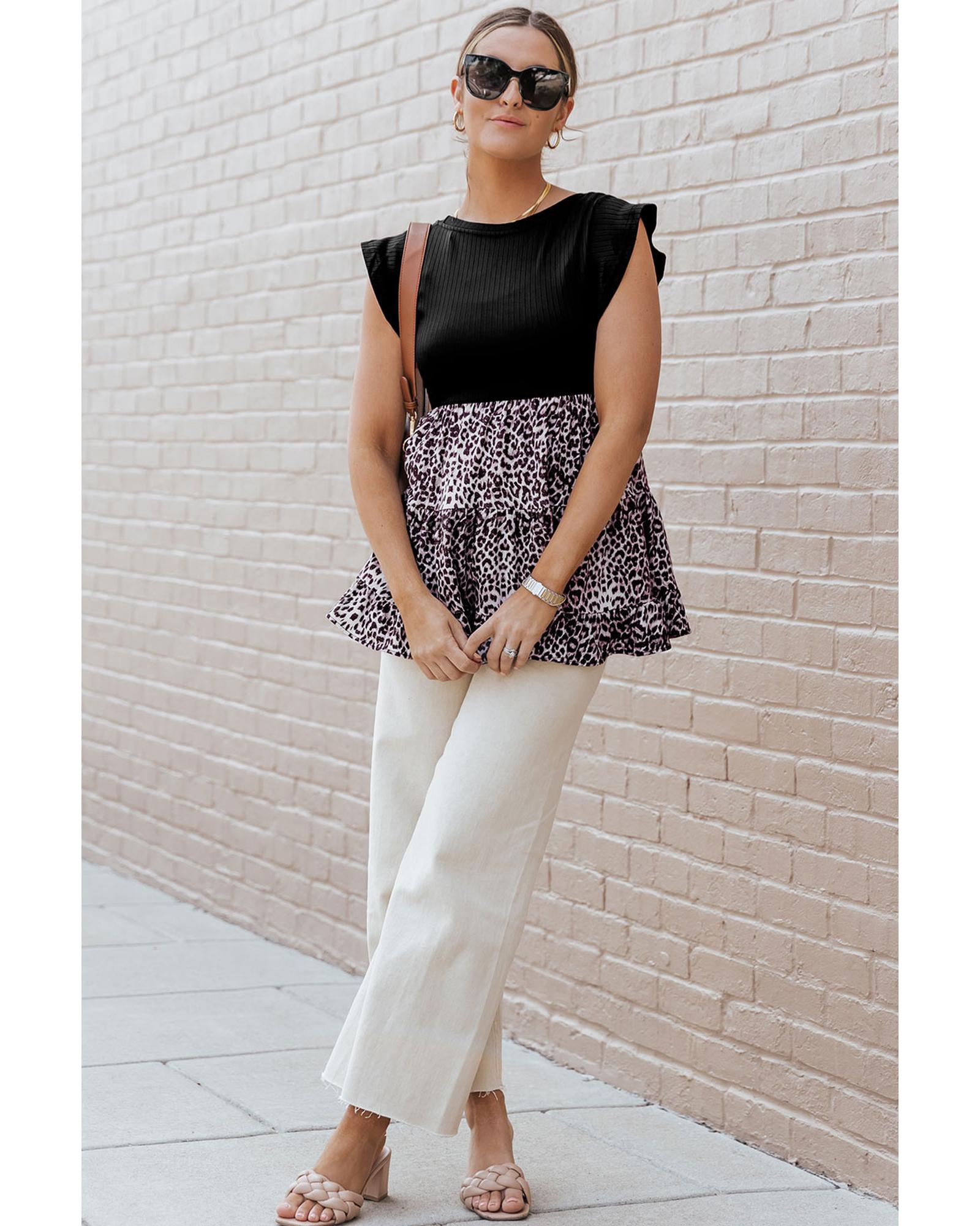 Azura Exchange Ruffle Sleeve Leopard Splice Blouse - XL