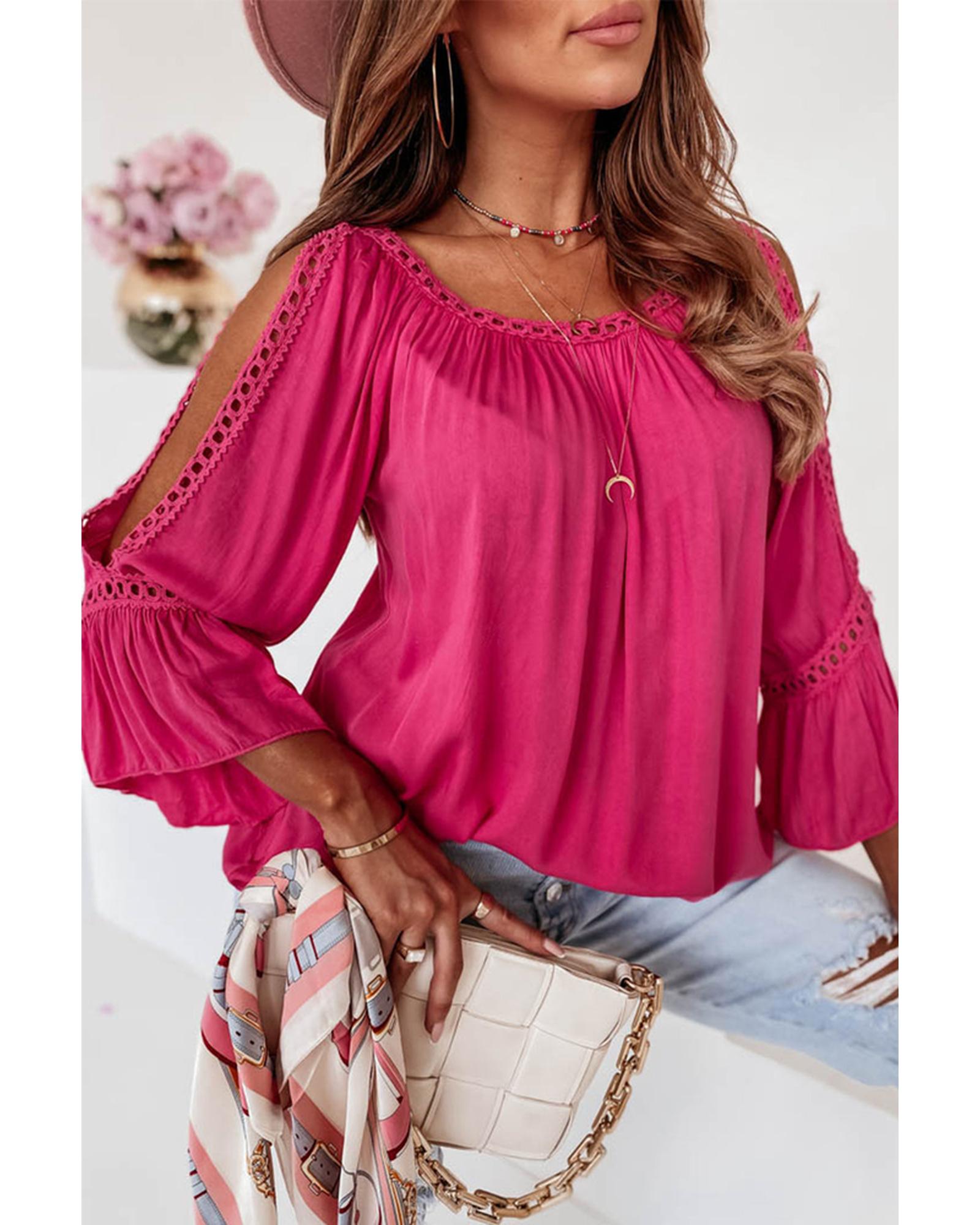 Azura Exchange Lace Crochet Cut-Out Ruffle Blouse - M