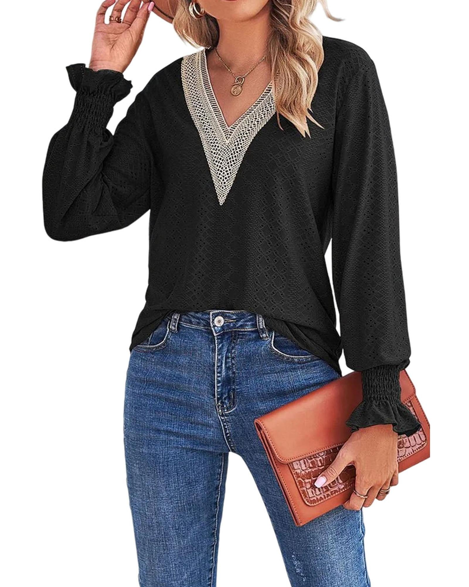 Azura Exchange Lace Panel V Neck Ruffle Blouse - M