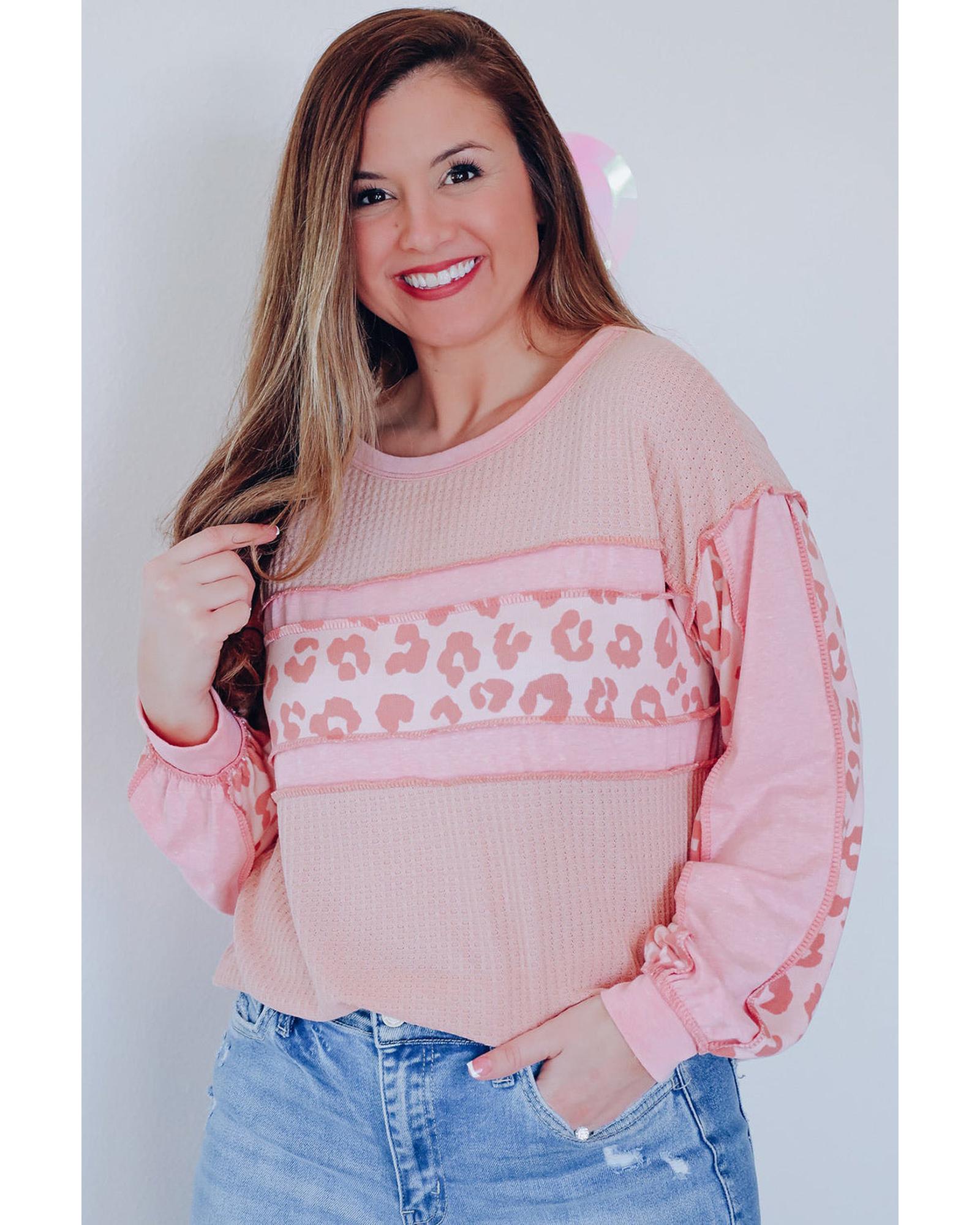 Azura Exchange Leopard Patchwork Waffle Knit Top - XL