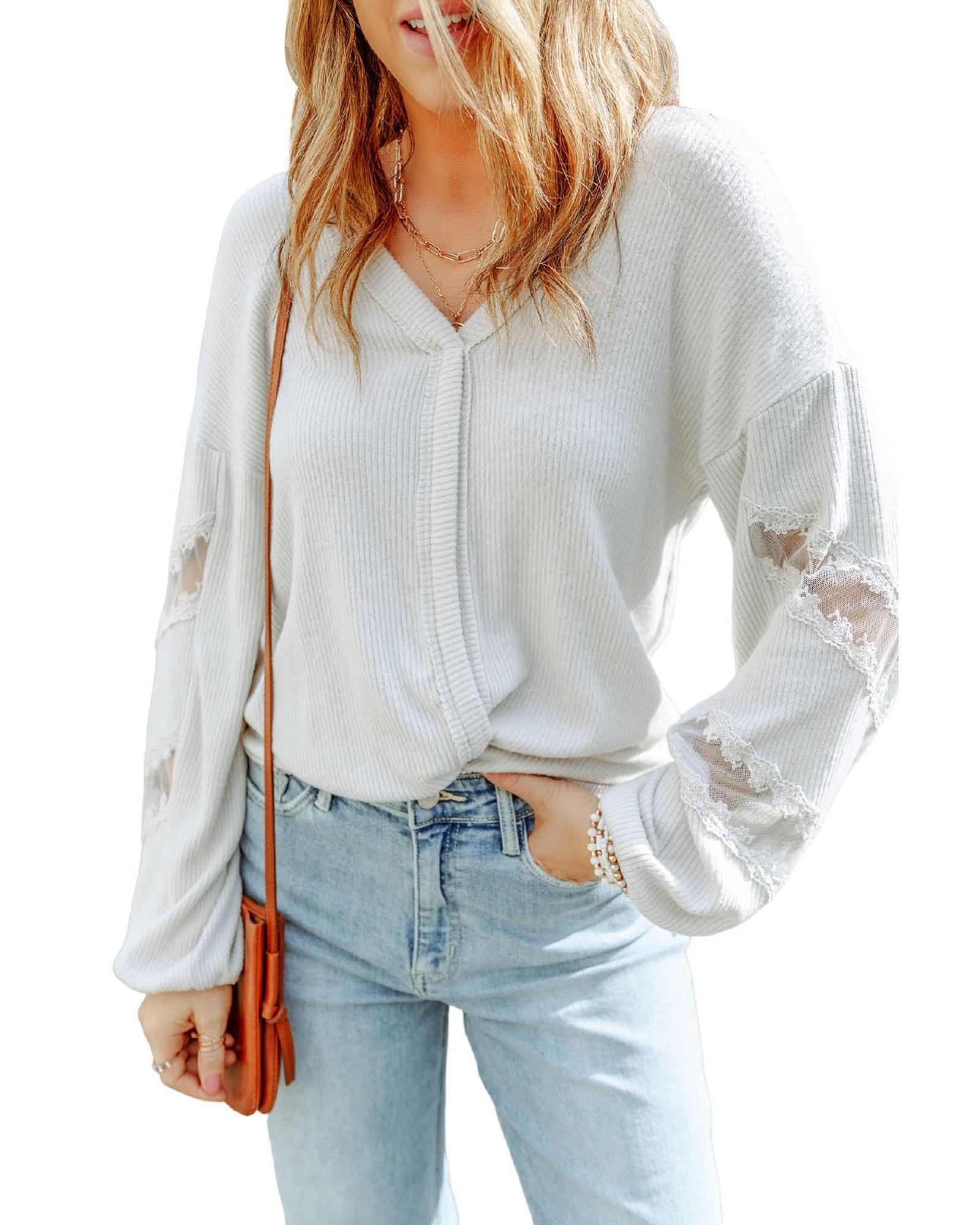 Azura Exchange Lace Patchwork Drop Sleeve Ribbed Top - L