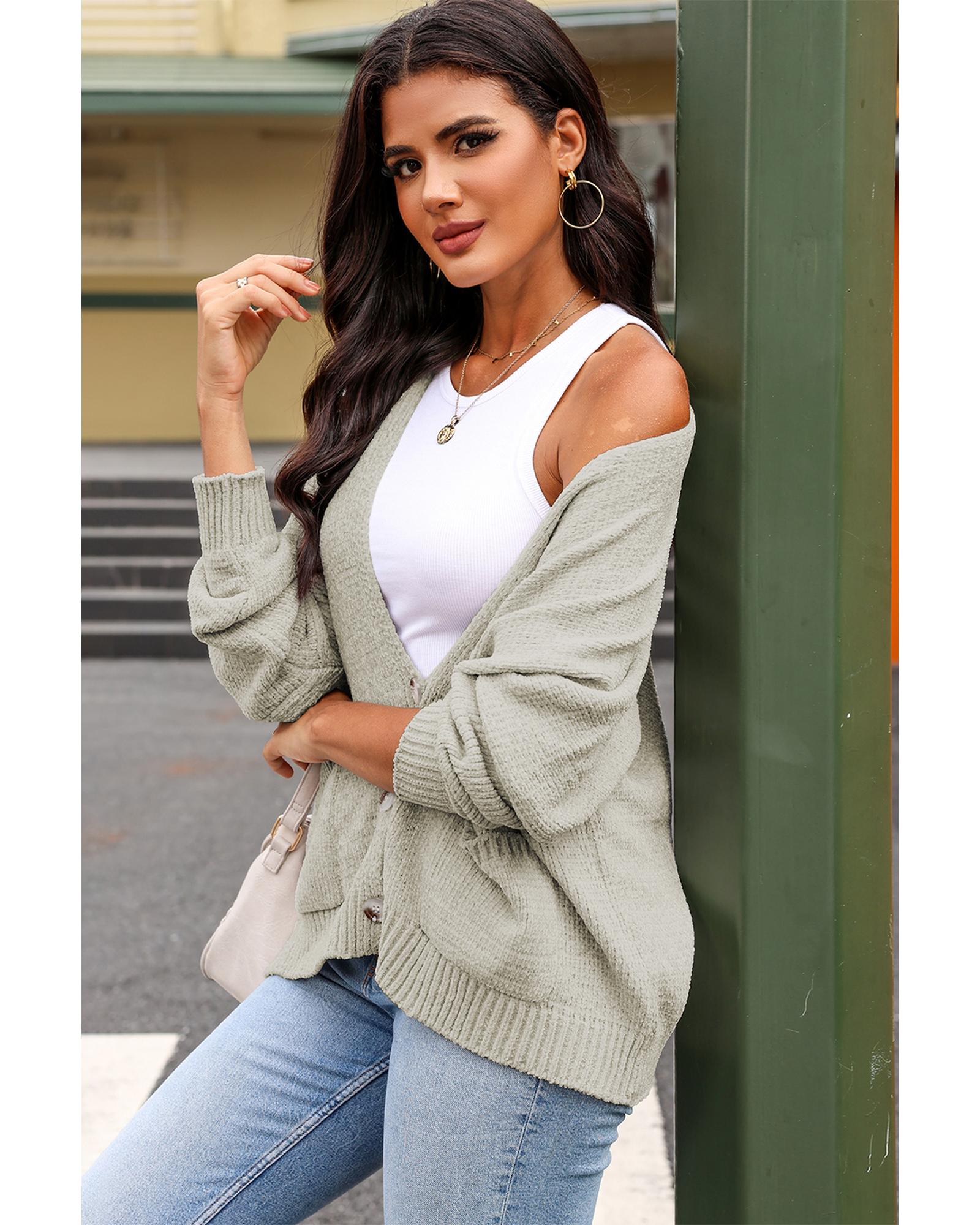 Gray Buttons Front Pocketed Sweater Cardigan - L