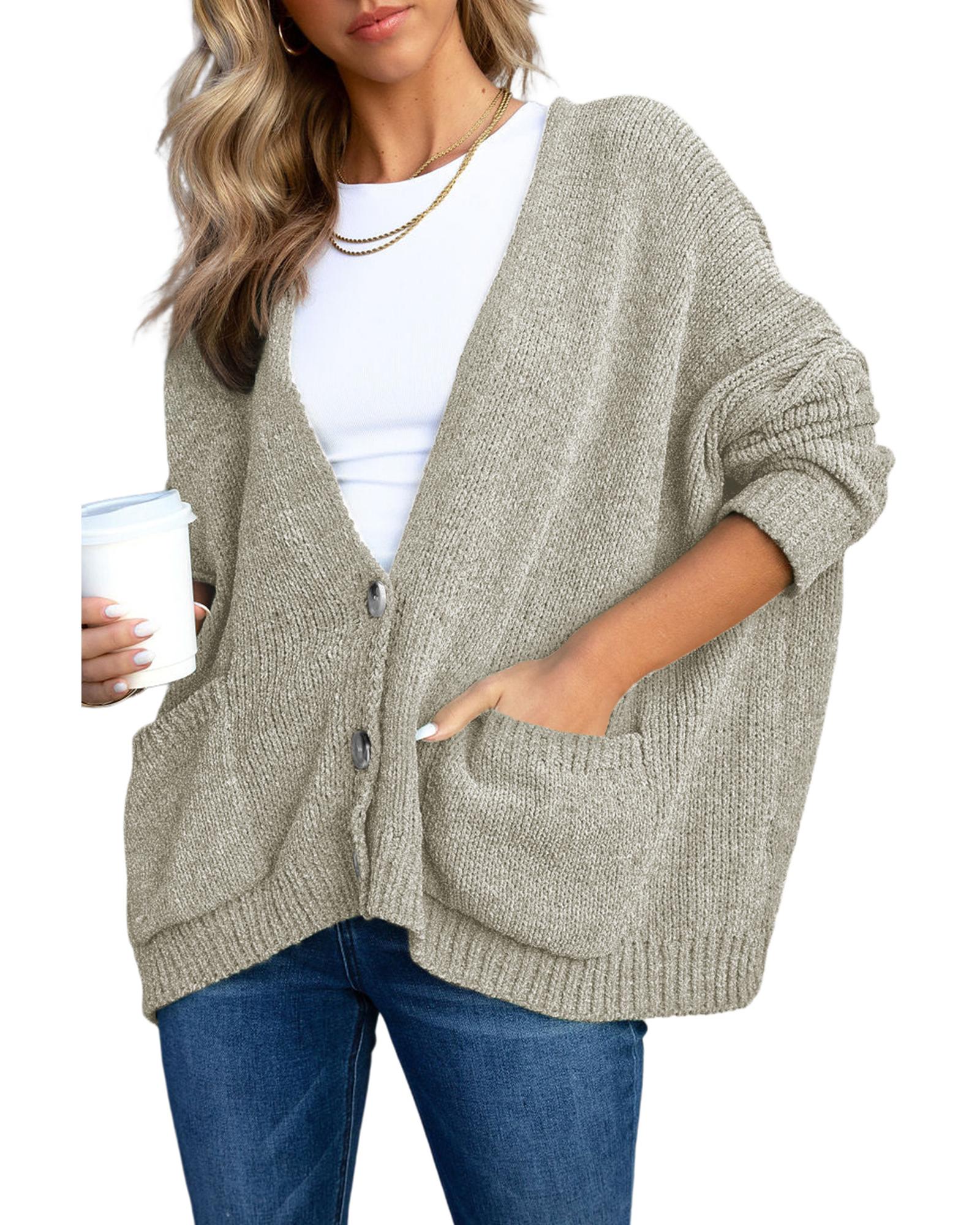 Gray Buttons Front Pocketed Sweater Cardigan - L