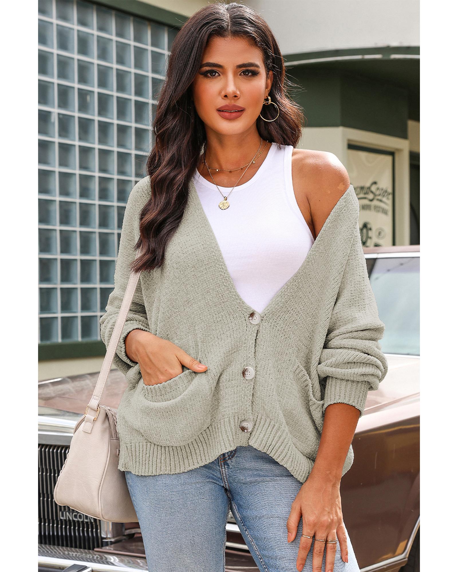 Gray Buttons Front Pocketed Sweater Cardigan - L