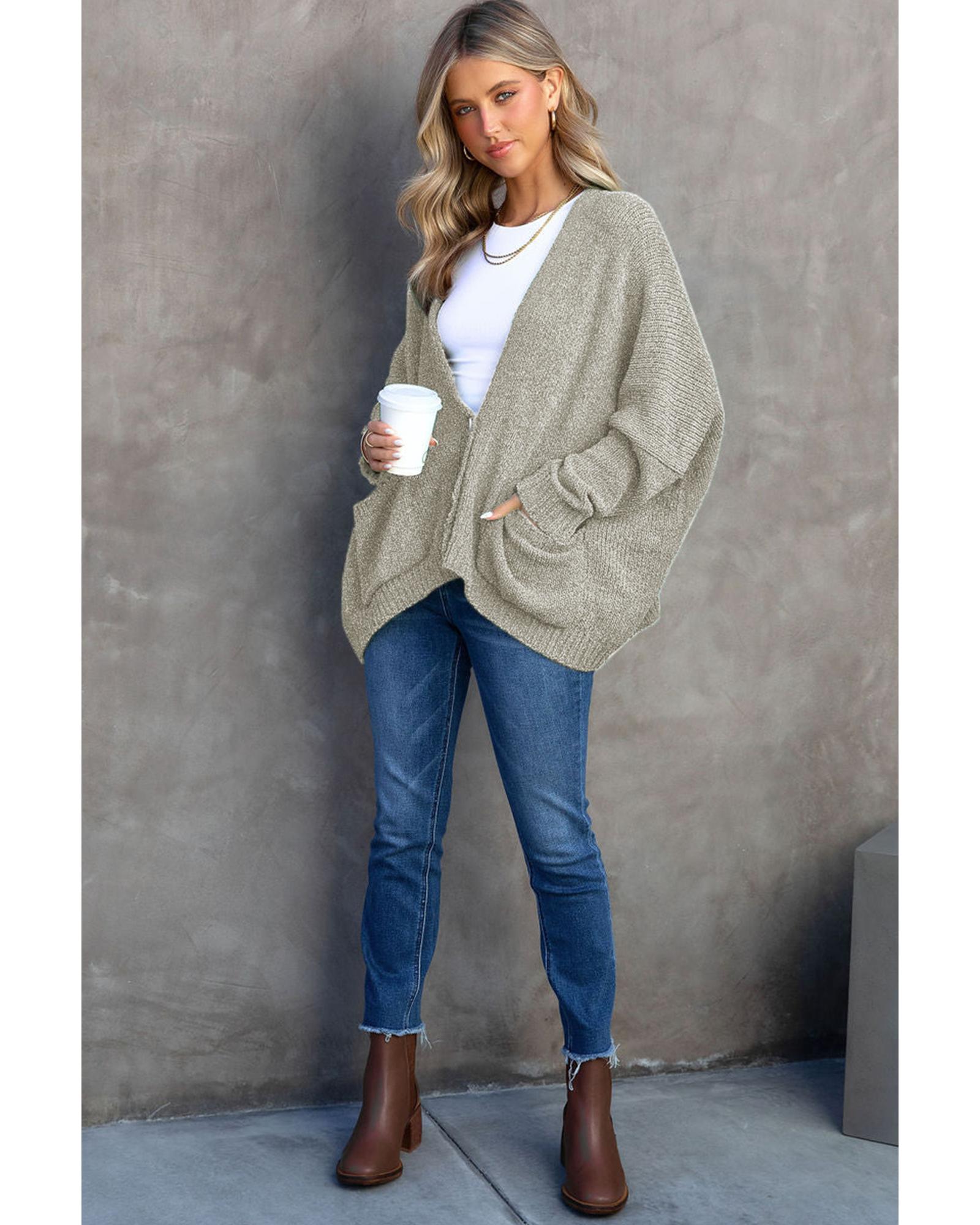 Gray Buttons Front Pocketed Sweater Cardigan - L