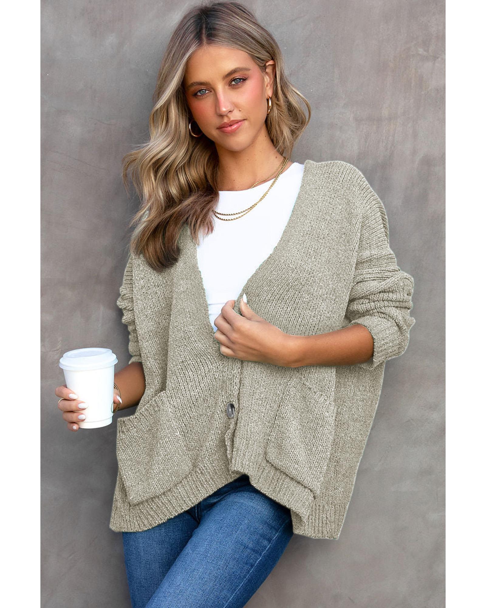 Gray Buttons Front Pocketed Sweater Cardigan - S
