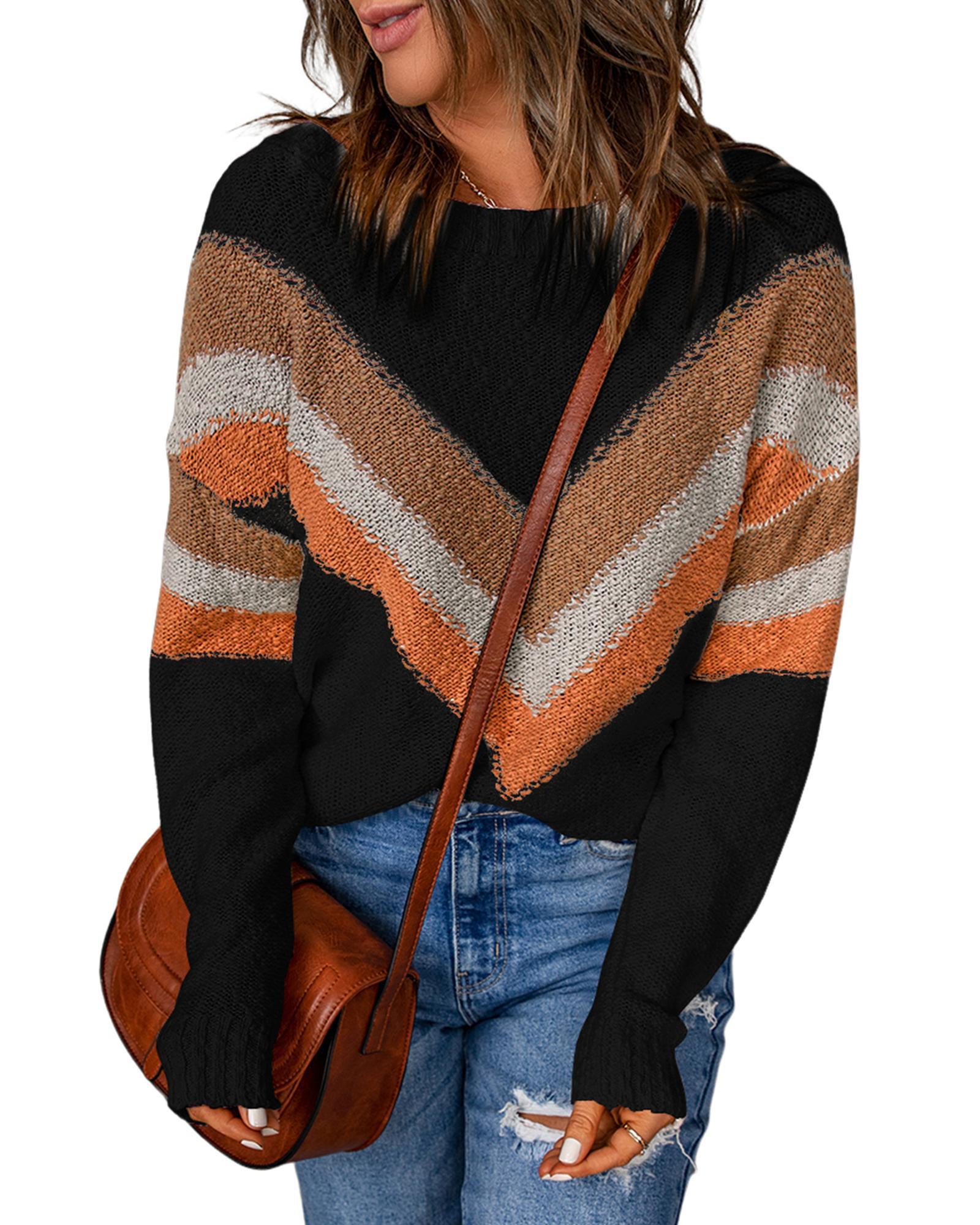 Multicolor Chevron Striped Drop Shoulder Sweater - L