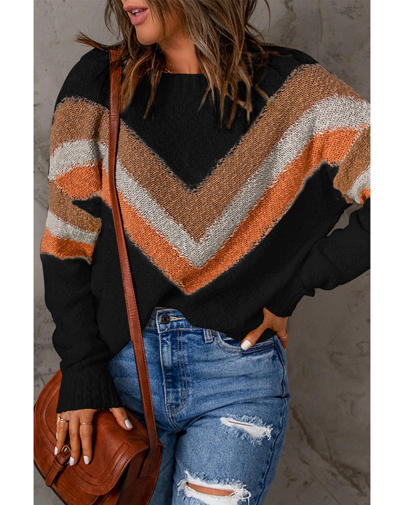 Multicolor Chevron Striped Drop Shoulder Sweater - L