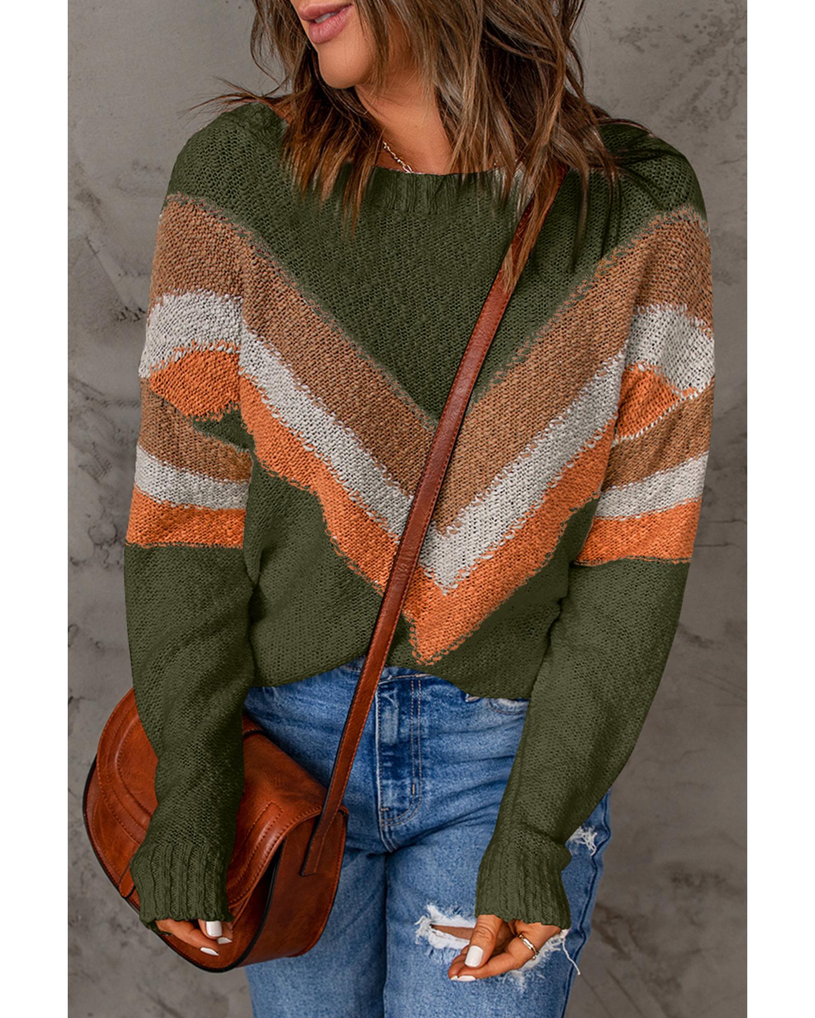 Multicolor Chevron Striped Drop Shoulder Sweater - L