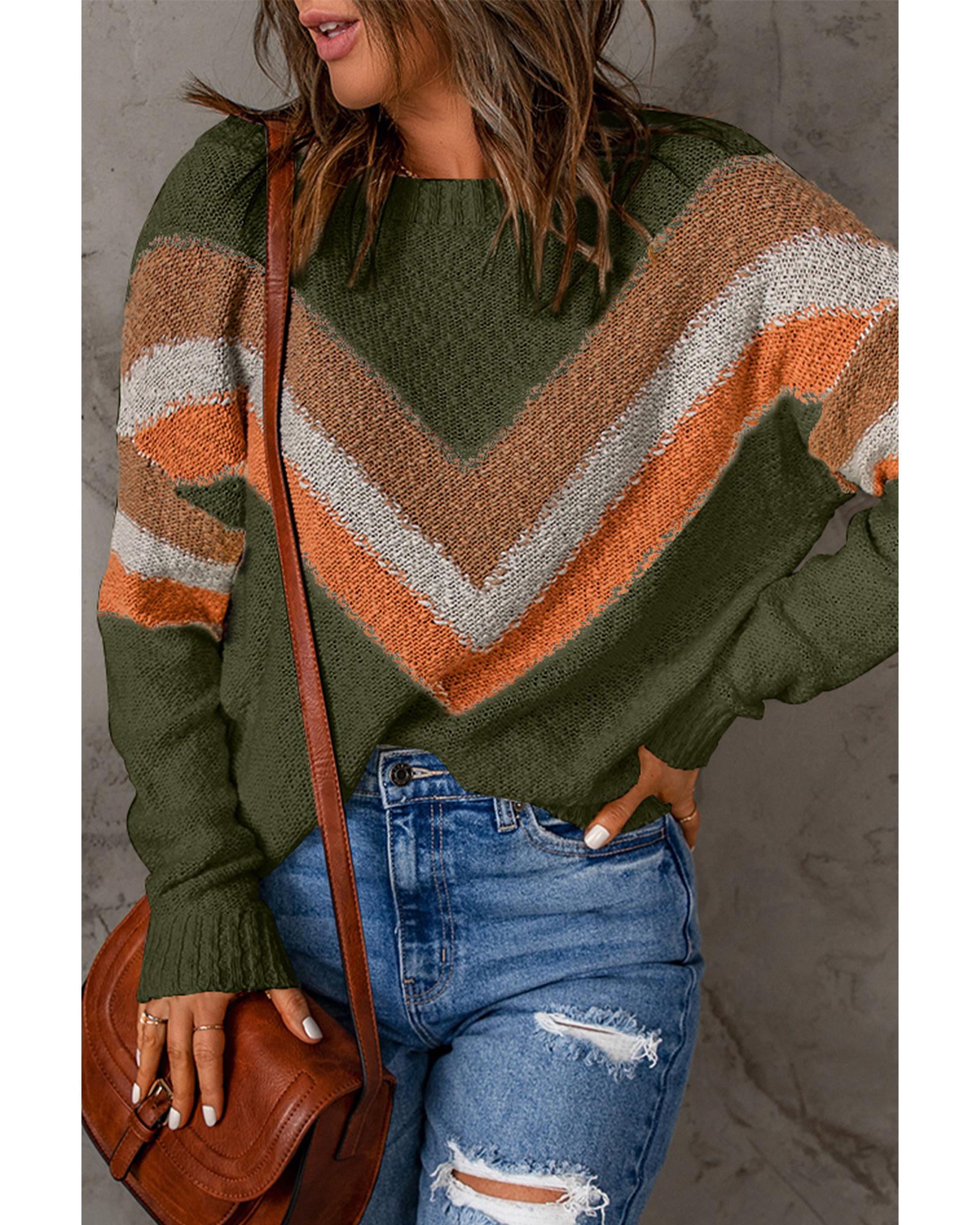 Multicolor Chevron Striped Drop Shoulder Sweater - L