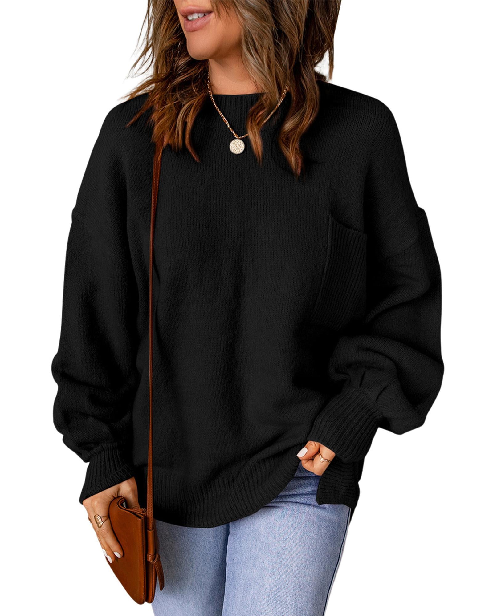 Black Solid Color Puffy Sleeve Pocketed Sweater - S