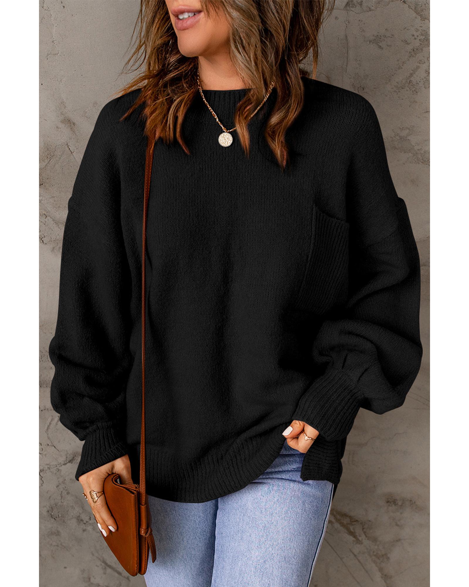 Black Solid Color Puffy Sleeve Pocketed Sweater - S