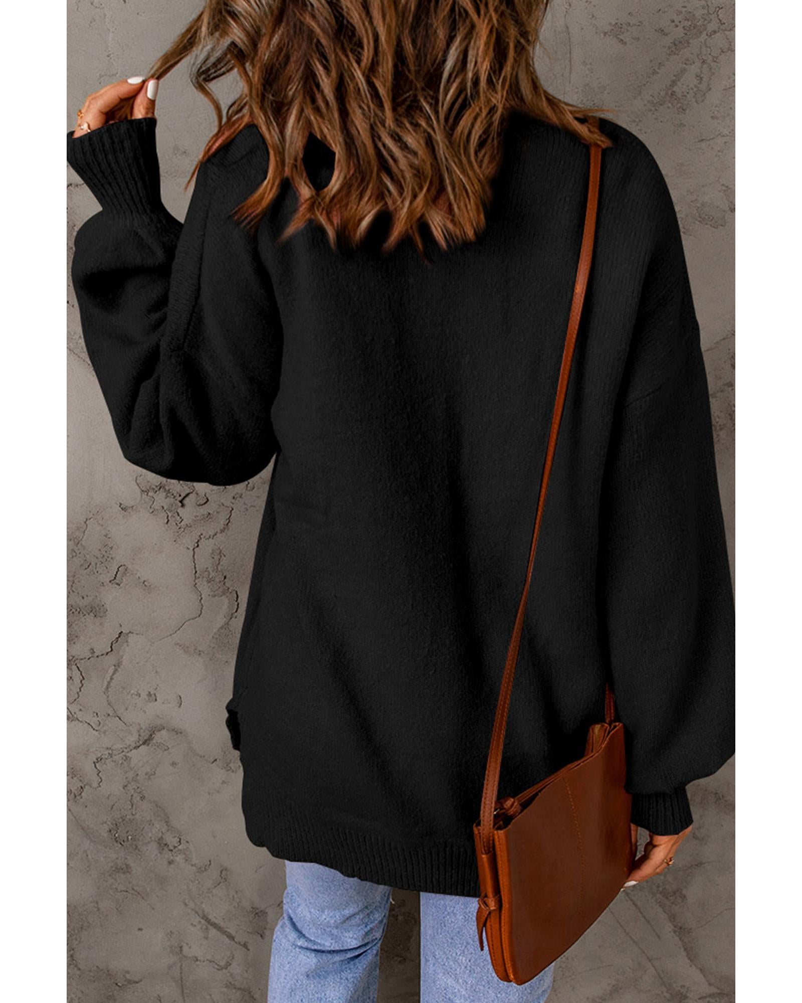 Black Solid Color Puffy Sleeve Pocketed Sweater - S