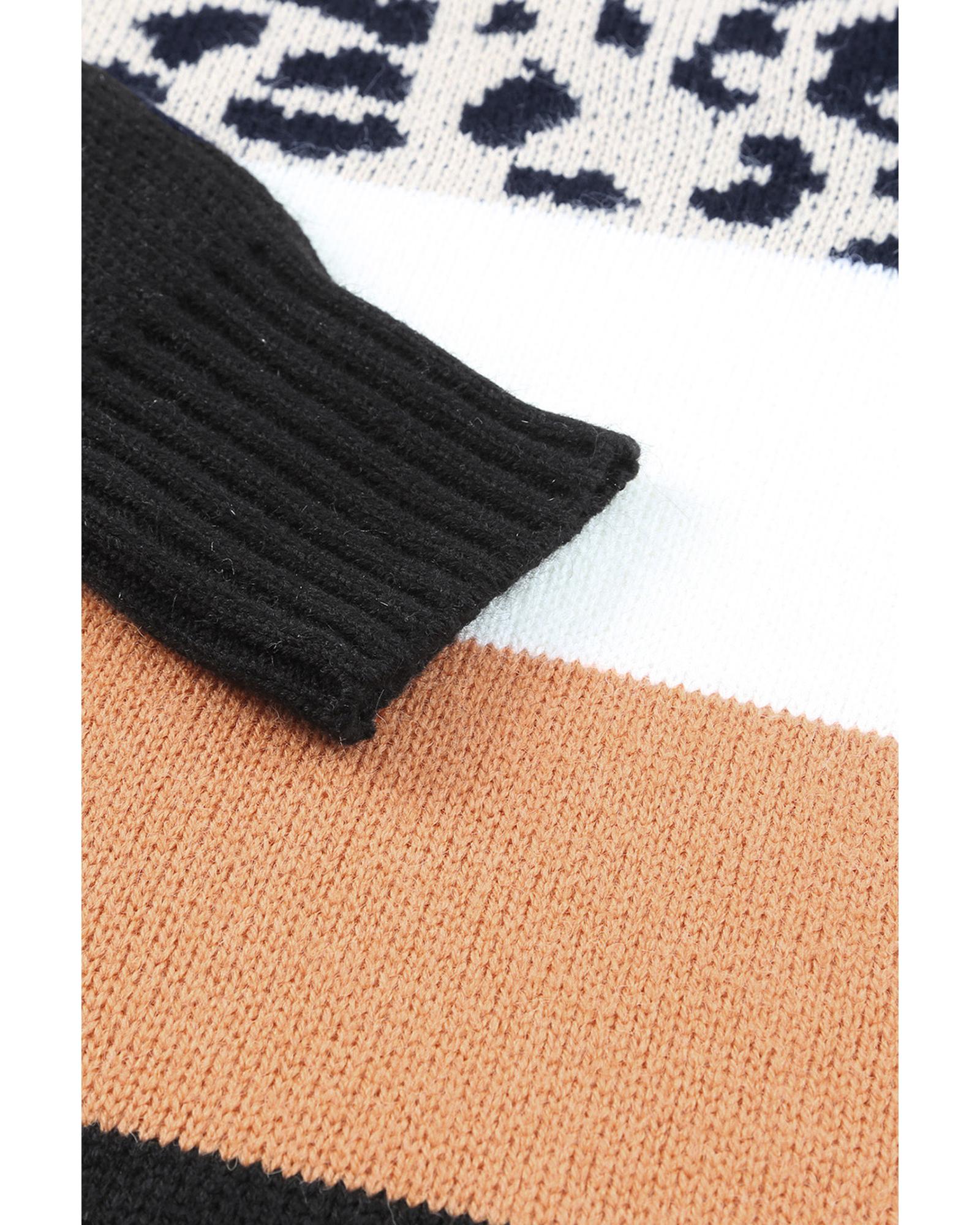 Khaki Leopard Color Block Long Sleeve Sweater - M