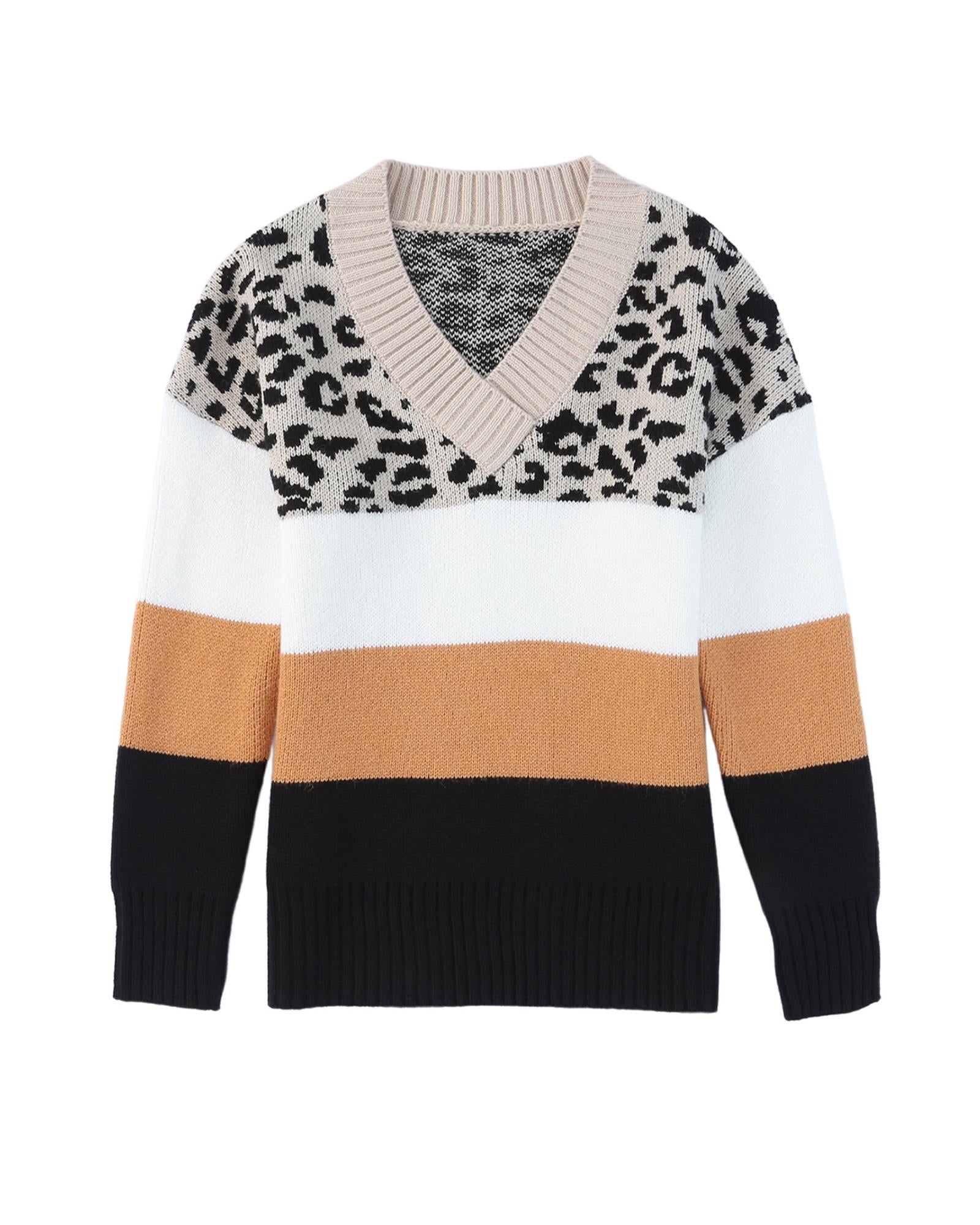 Khaki Leopard Color Block Long Sleeve Sweater - M