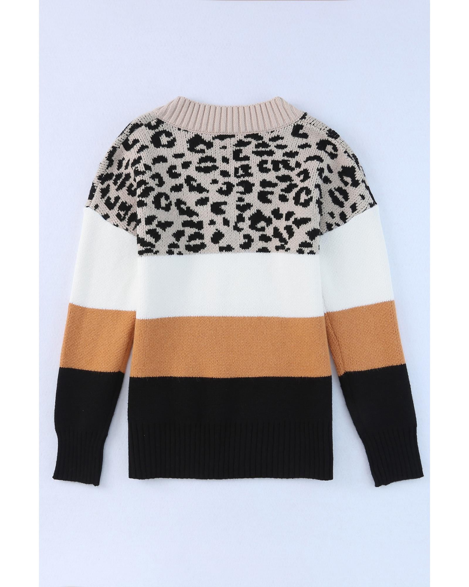 Khaki Leopard Color Block Long Sleeve Sweater - M