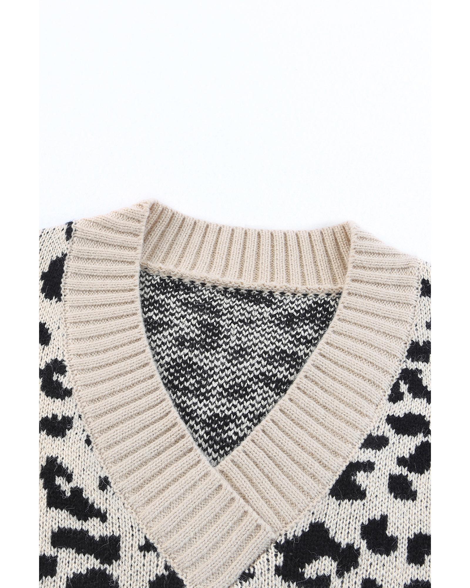 Khaki Leopard Color Block Long Sleeve Sweater - M