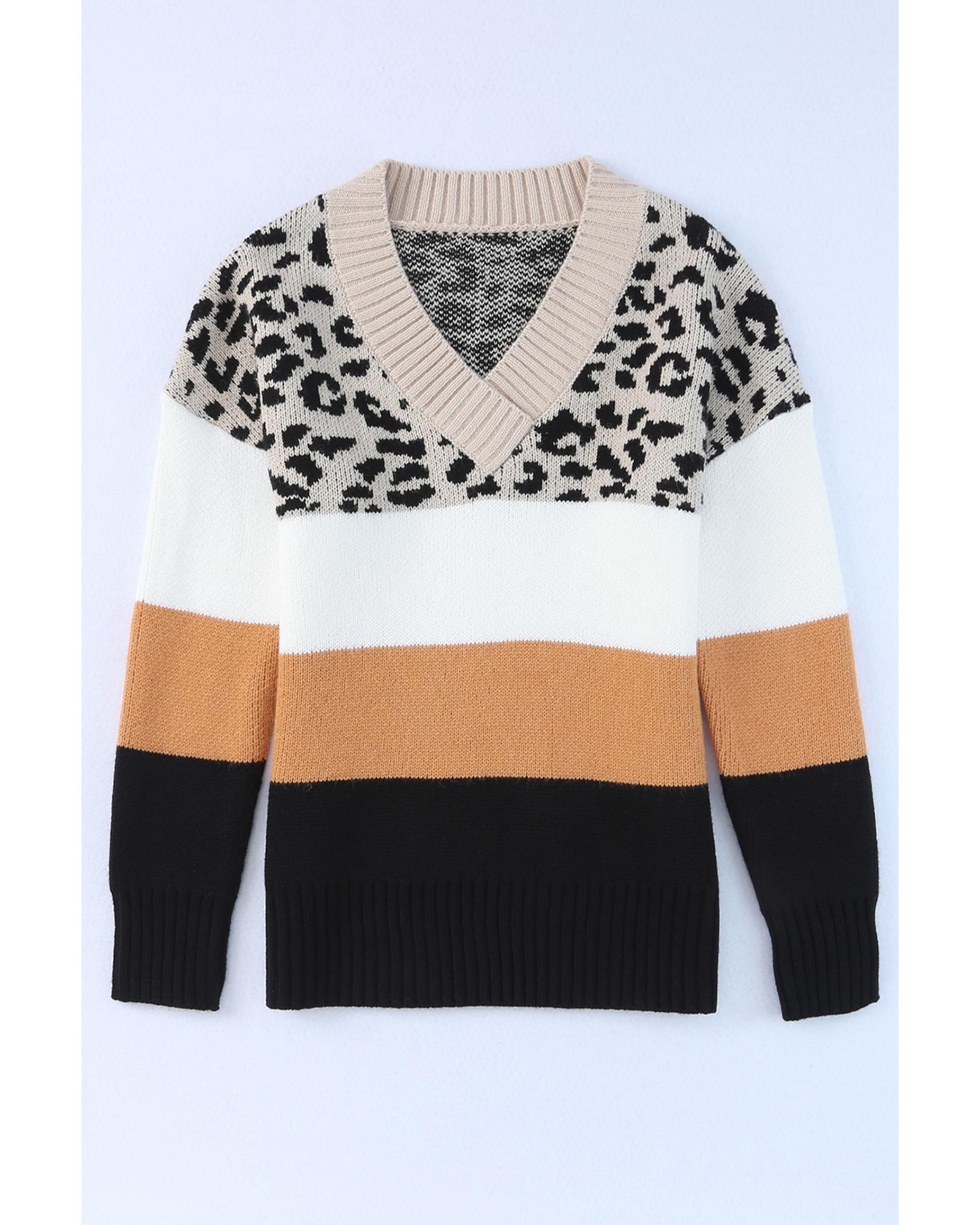 Khaki Leopard Color Block Long Sleeve Sweater - M