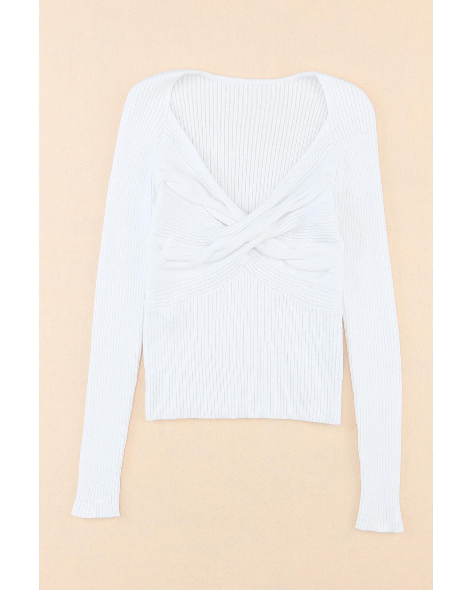 White Cable Crossed V Neck Sweater - M