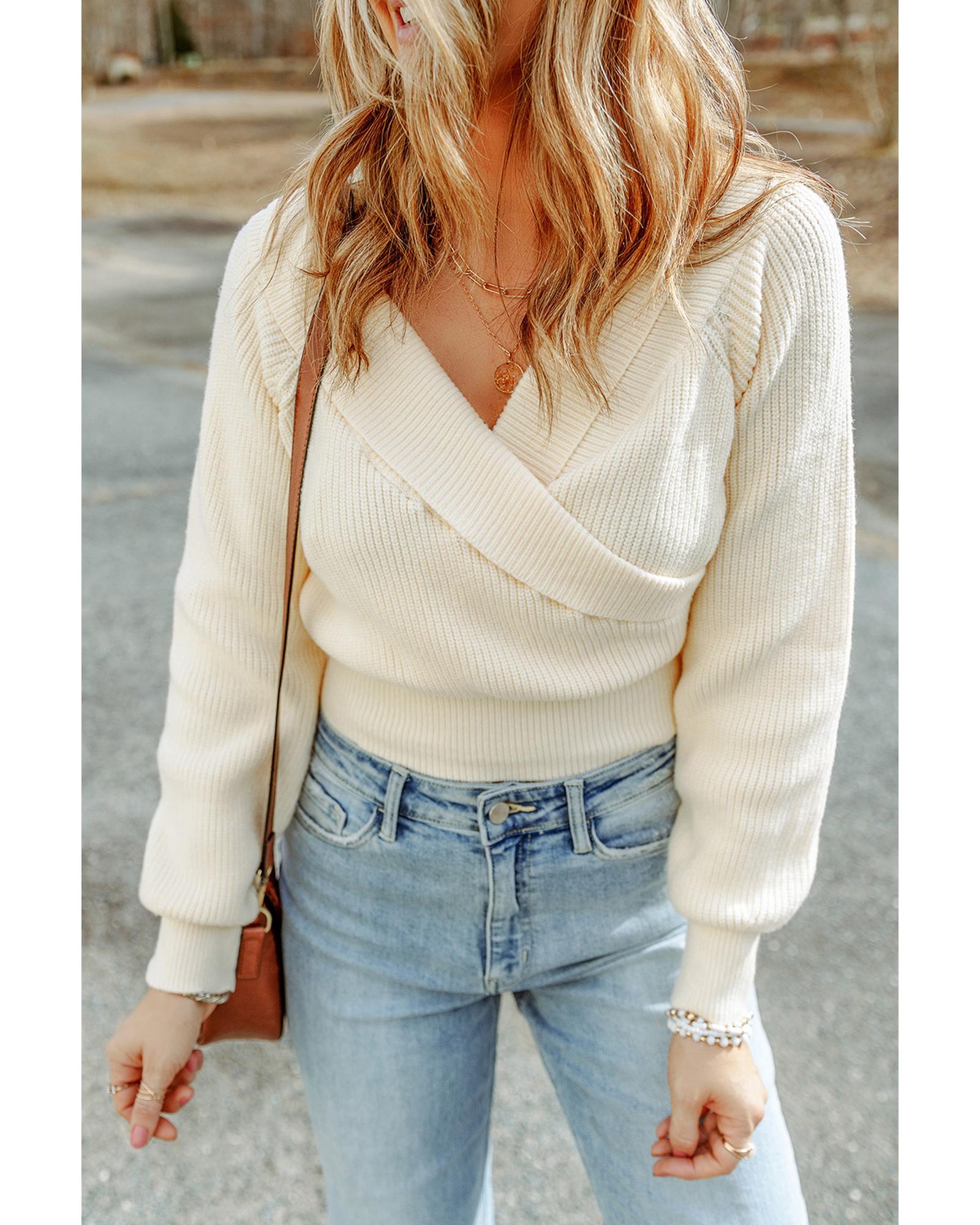 Azura Exchange Beige Ribbed Long Sleeve Surplice Crop Sweater - XL