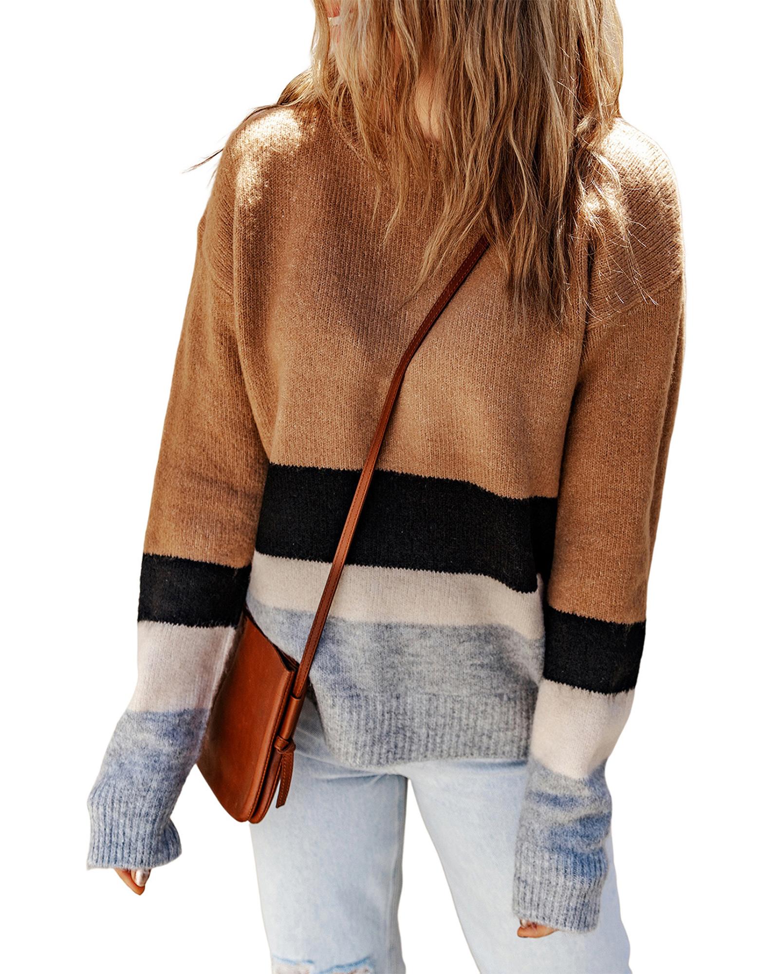 Azura Exchange Brown Color Block Striped Ribbed Knit Sweater - XL
