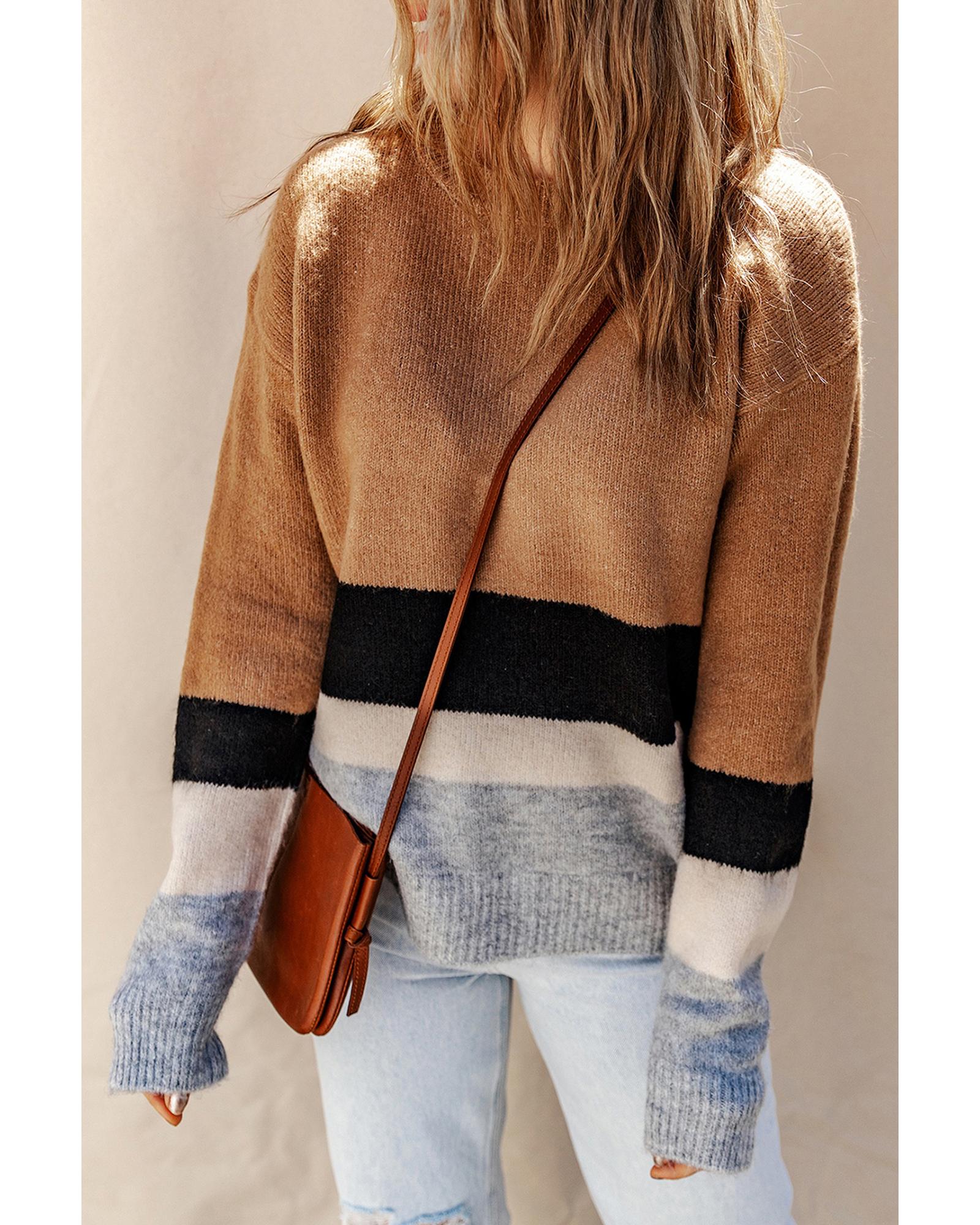 Azura Exchange Brown Color Block Striped Ribbed Knit Sweater - XL