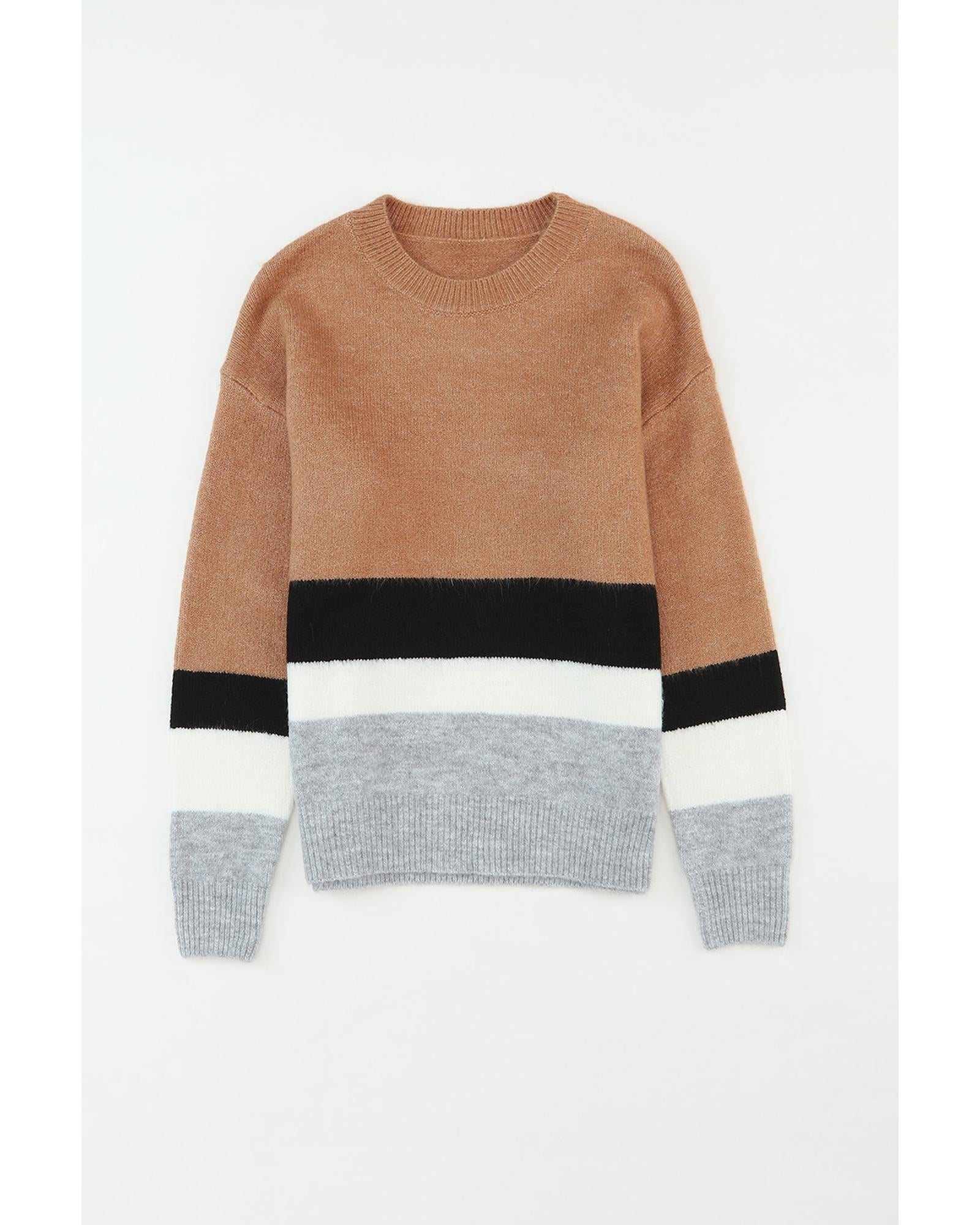 Azura Exchange Brown Color Block Striped Ribbed Knit Sweater - XL