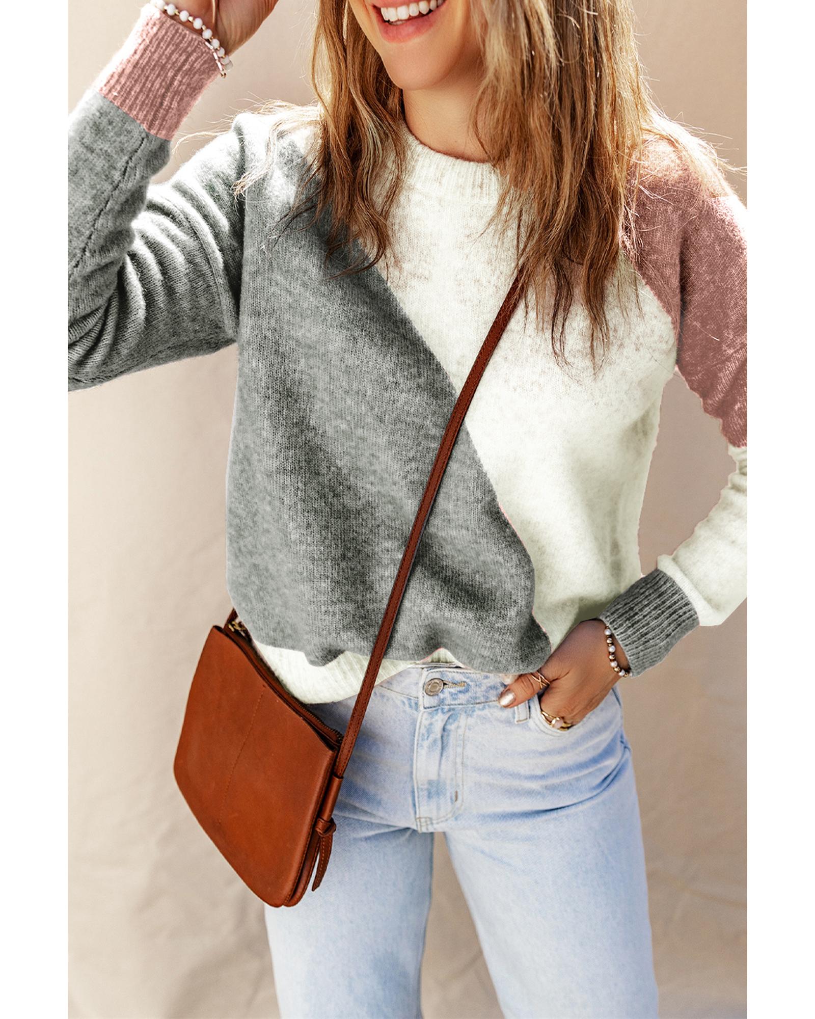 Gray Colorblock Ribbed Trim Round Neck Sweater - L