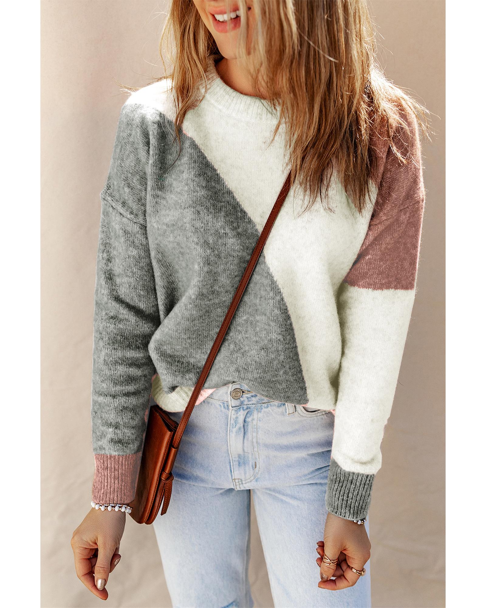 Gray Colorblock Ribbed Trim Round Neck Sweater - L