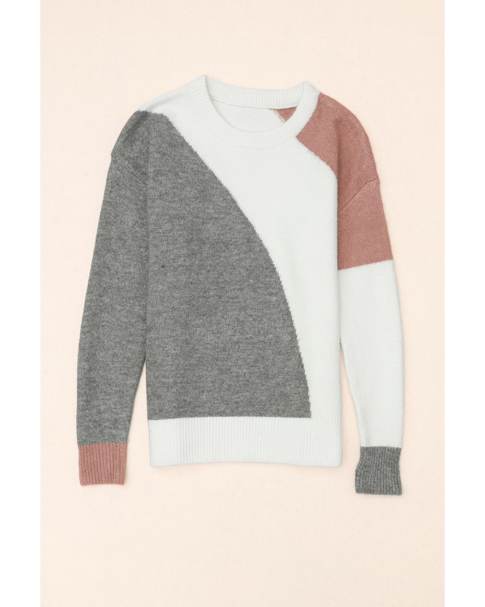 Gray Colorblock Ribbed Trim Round Neck Sweater - L