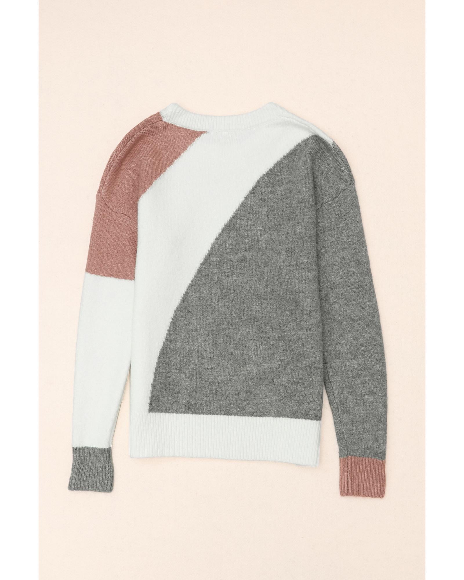 Gray Colorblock Ribbed Trim Round Neck Sweater - L