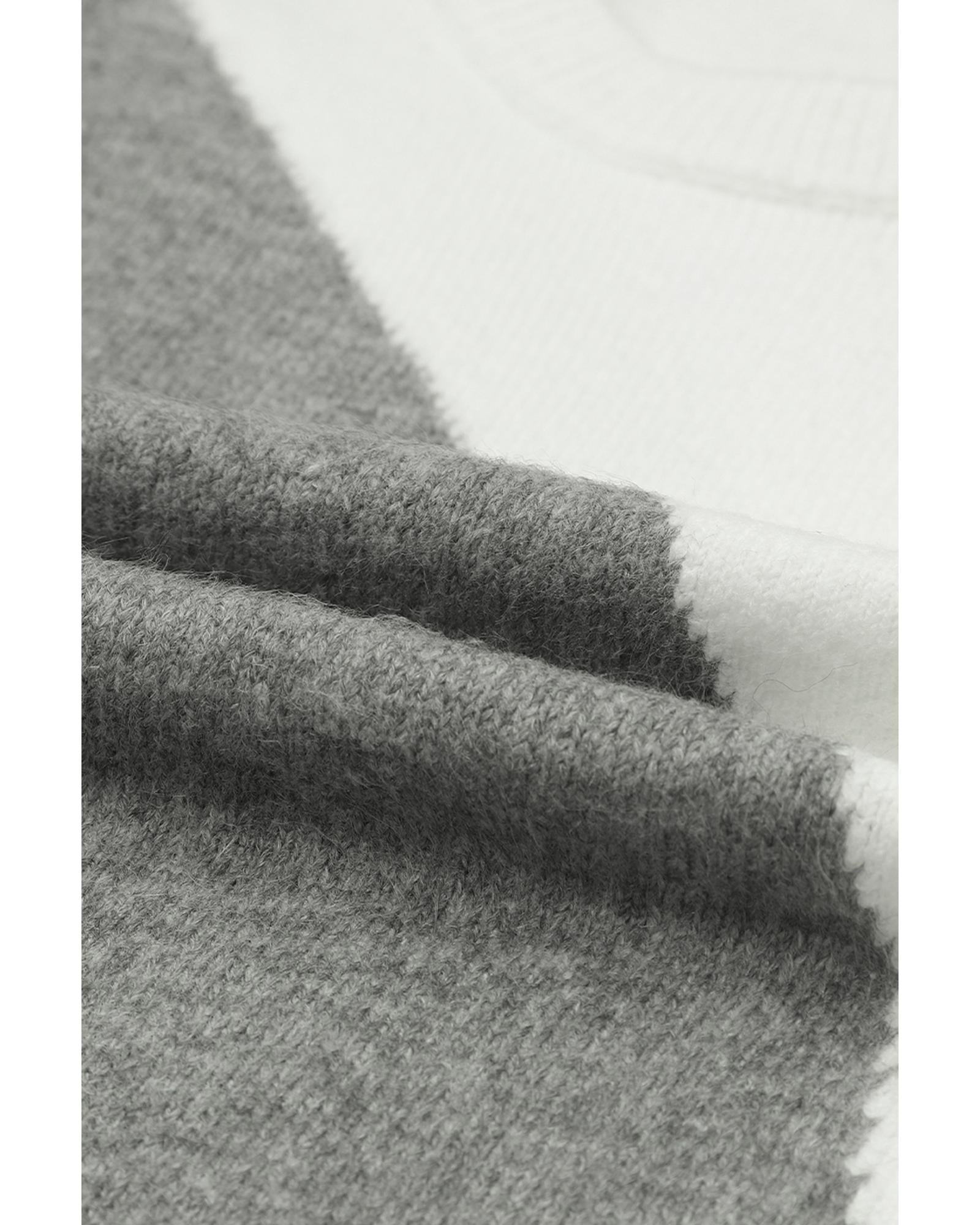 Gray Colorblock Ribbed Trim Round Neck Sweater - L