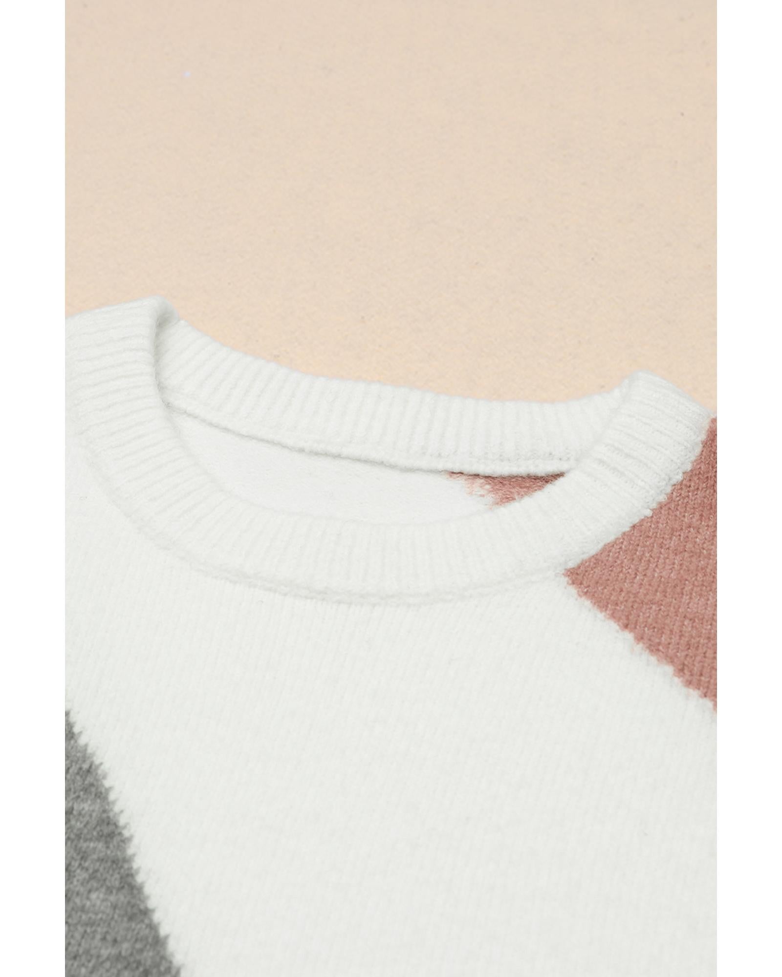 Gray Colorblock Ribbed Trim Round Neck Sweater - L
