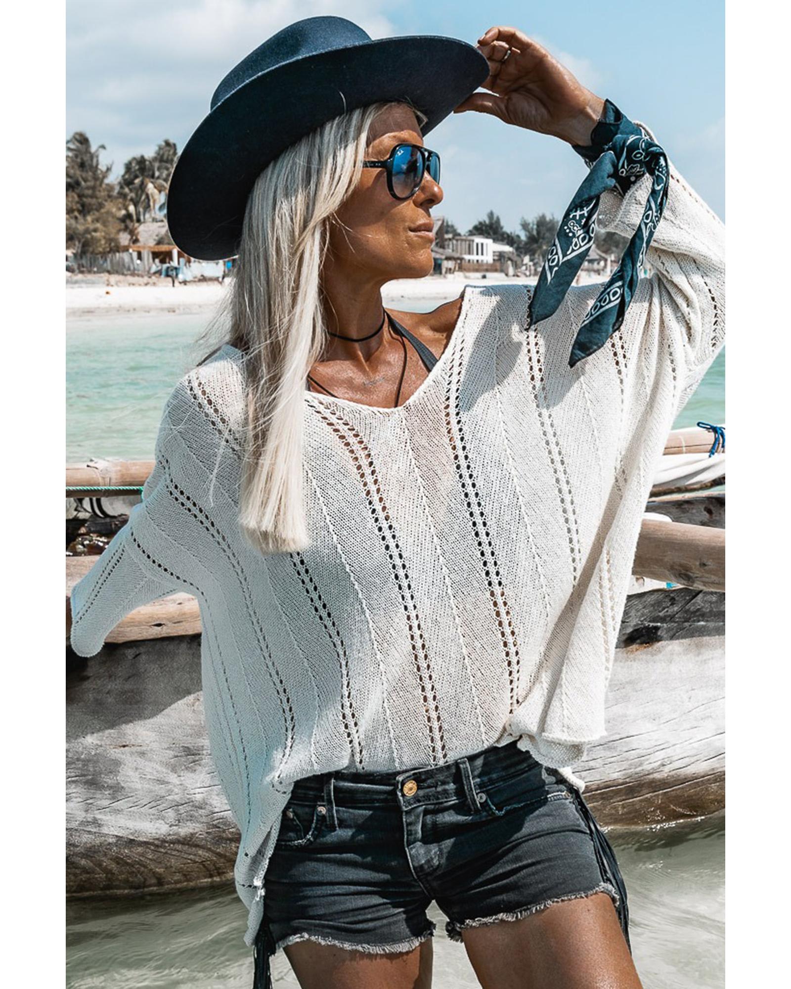 White Hollowed Detail Knitted Loose V Neck Sweater - XL
