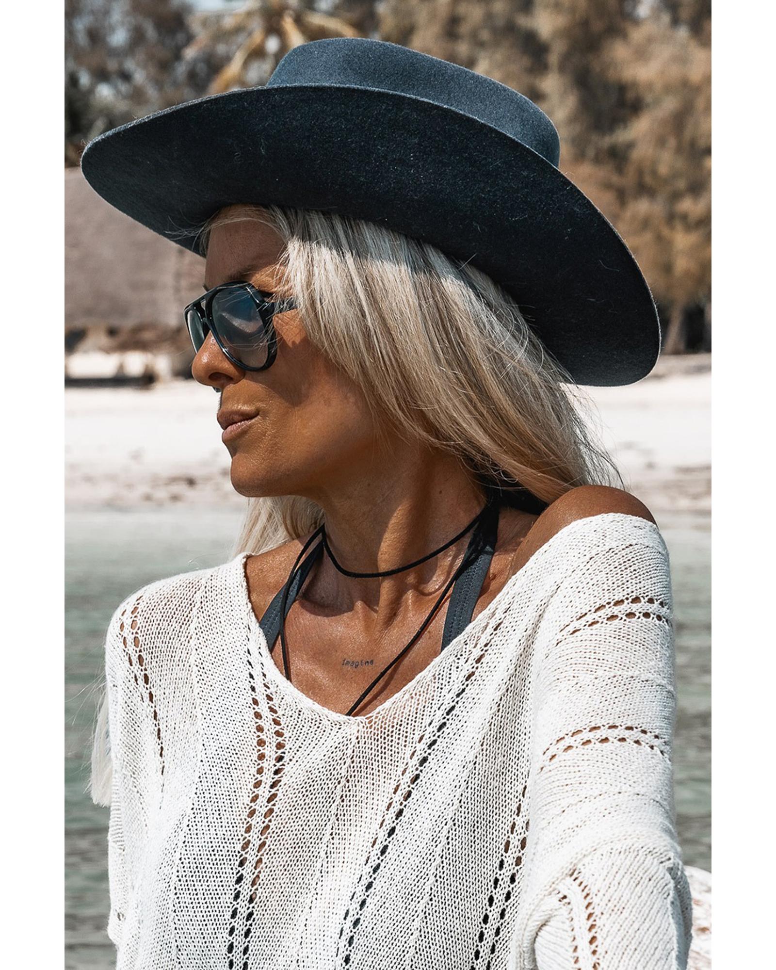 White Hollowed Detail Knitted Loose V Neck Sweater - XL