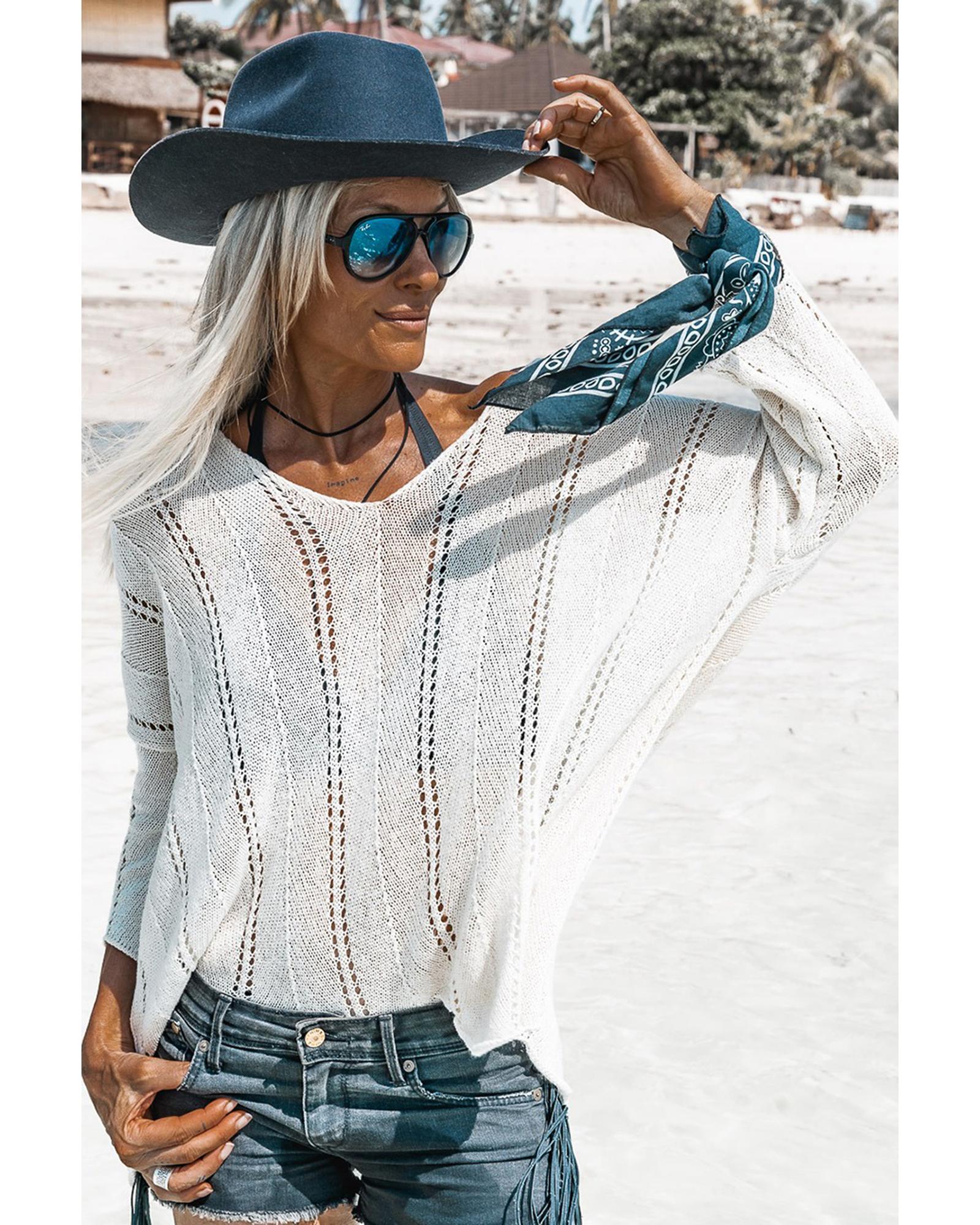 White Hollowed Detail Knitted Loose V Neck Sweater - XL