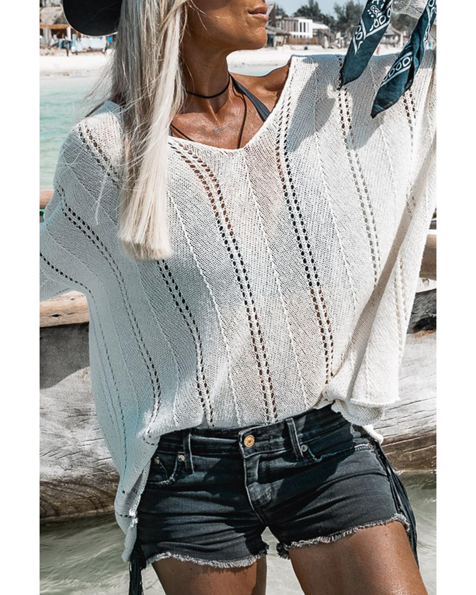 White Hollowed Detail Knitted Loose V Neck Sweater - XL