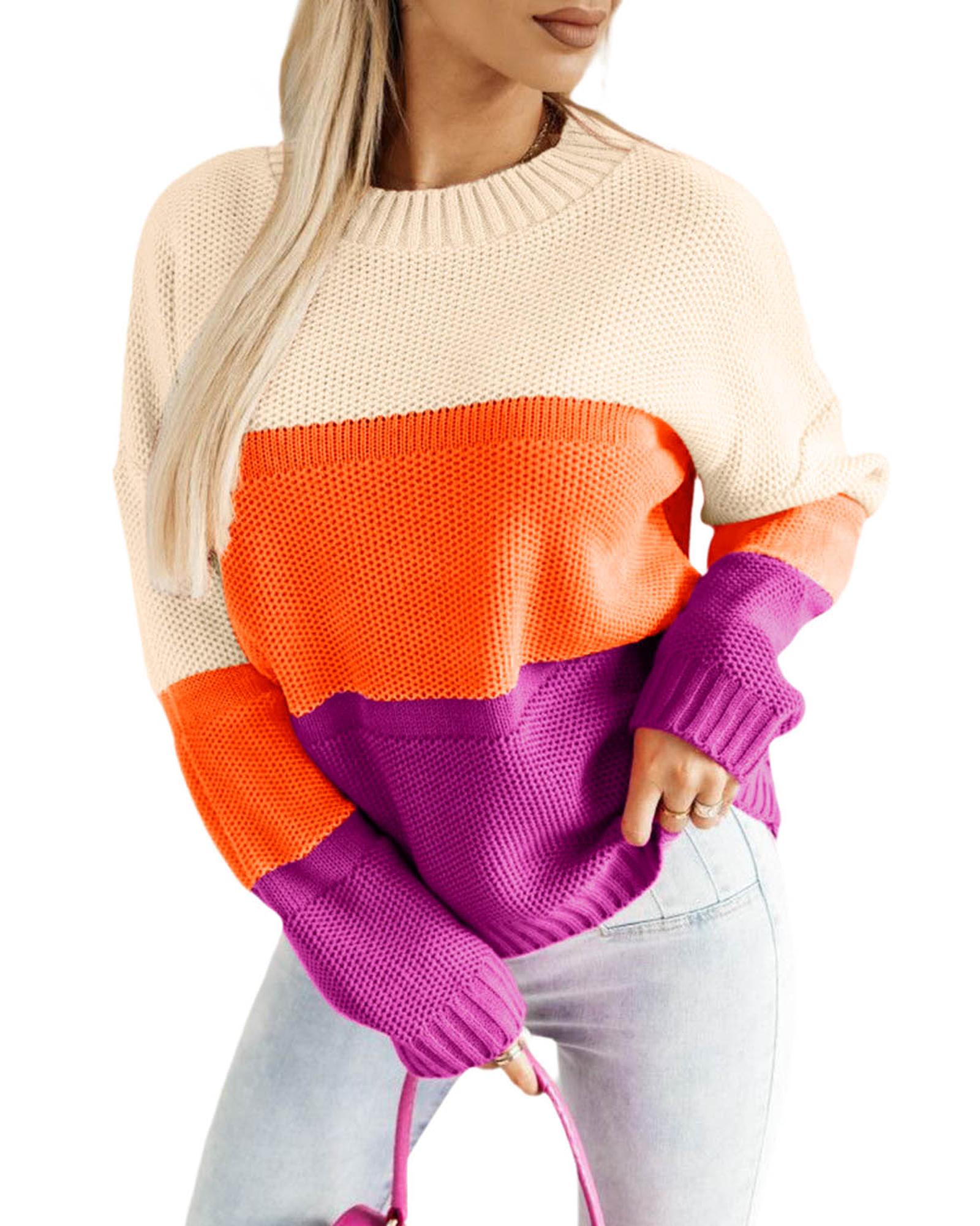 Azura Exchange Multicolor Color Block Drop Shoulder Round Neck Knit Sweater - XL