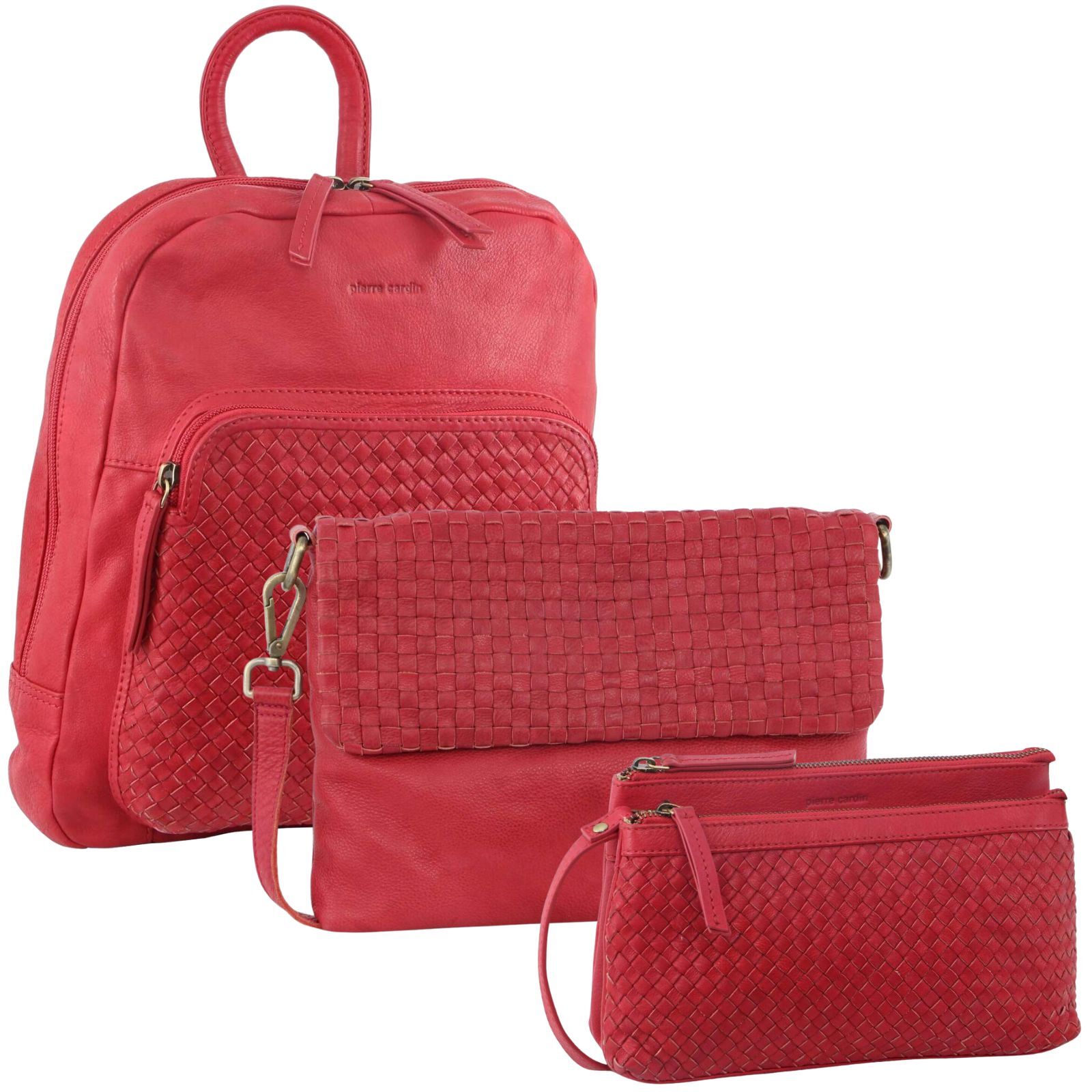 3PC Set Pierre Cardin Womens Woven Leather Cross-Body Bags + Backpack - Red