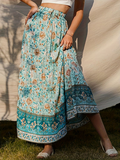 Plus Size Boho Skirt, Women's Plus Paisley Print Ruffle Hem High Rise Pleated Maxi Skirt