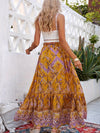 Plus Size Boho Skirt, Women's Plus Paisley Print Ruffle Hem High Rise Pleated Maxi Skirt