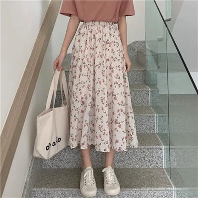 Vintage Floral Print A-line Pleated Long Skirt